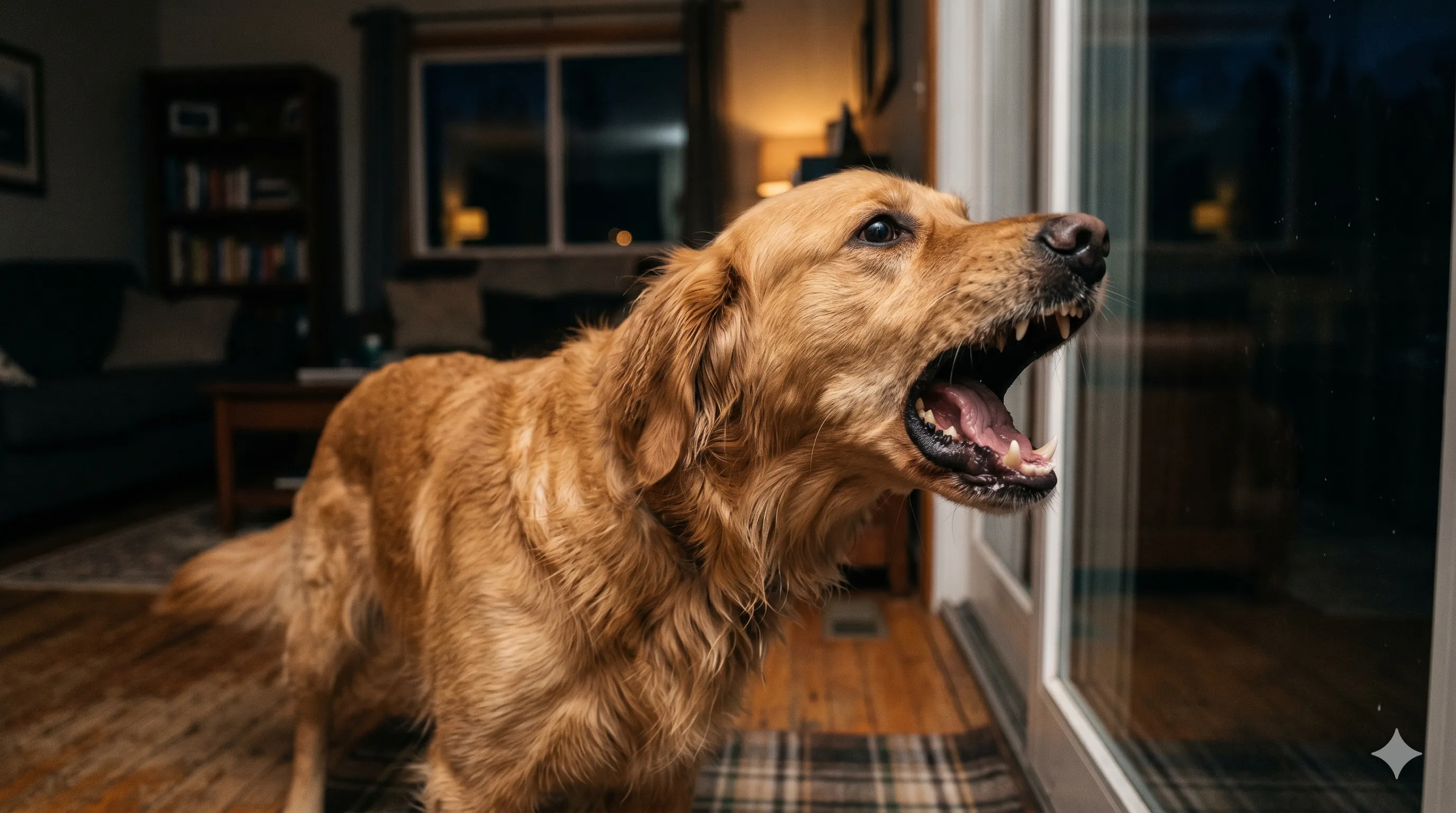 Close-up of dog barking at night with alert expression and open mouth