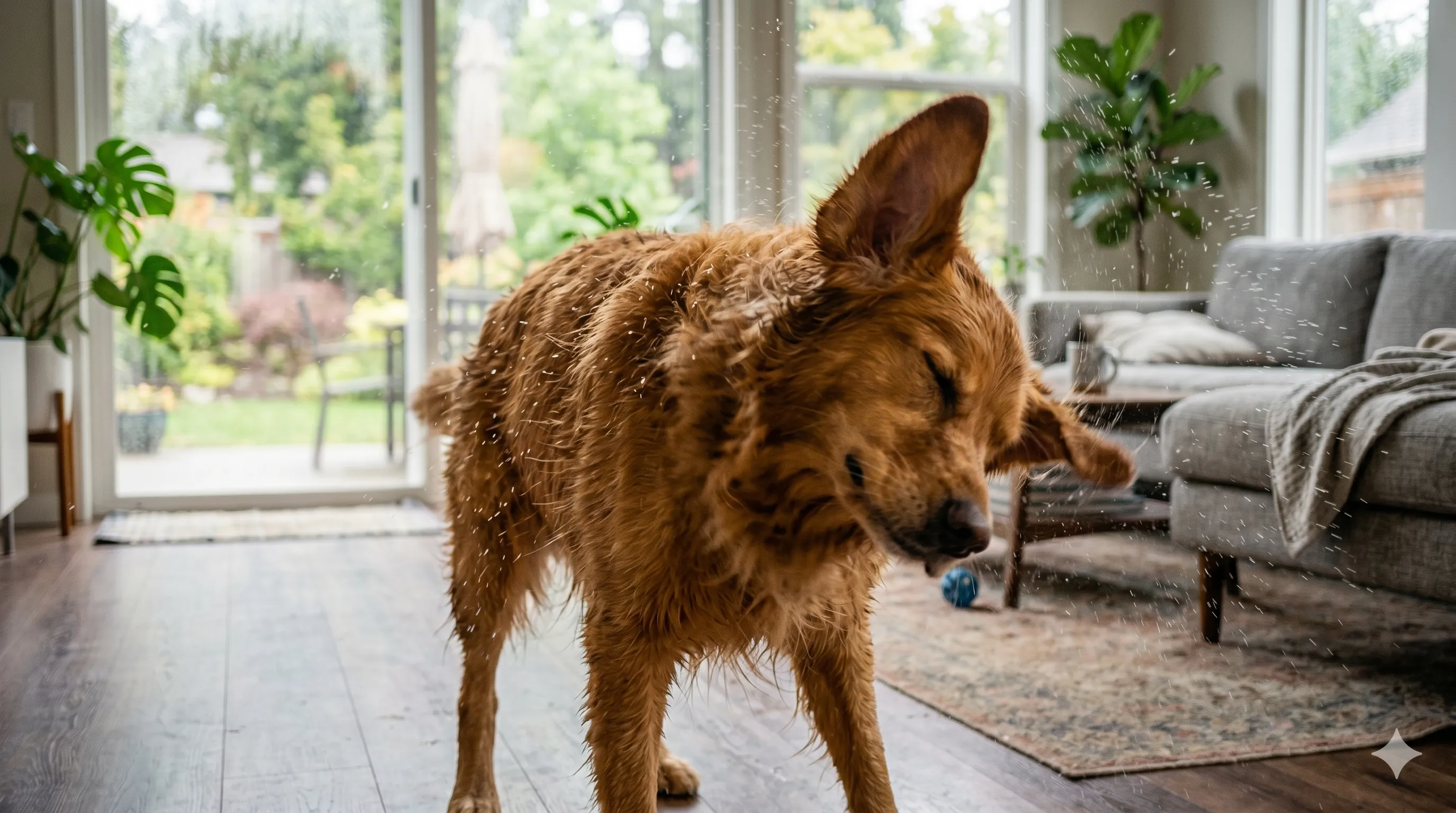 Close-up of dog shaking body with motion blur and alert expression
