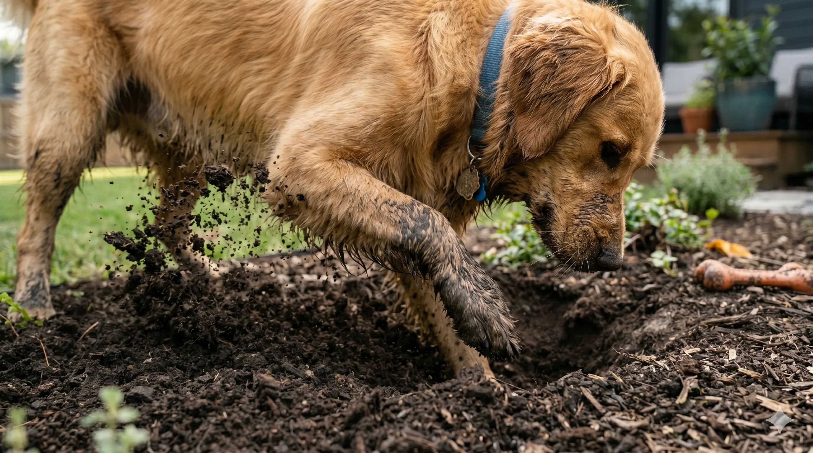 Close-up of dog digging dirt with paws and focused expression