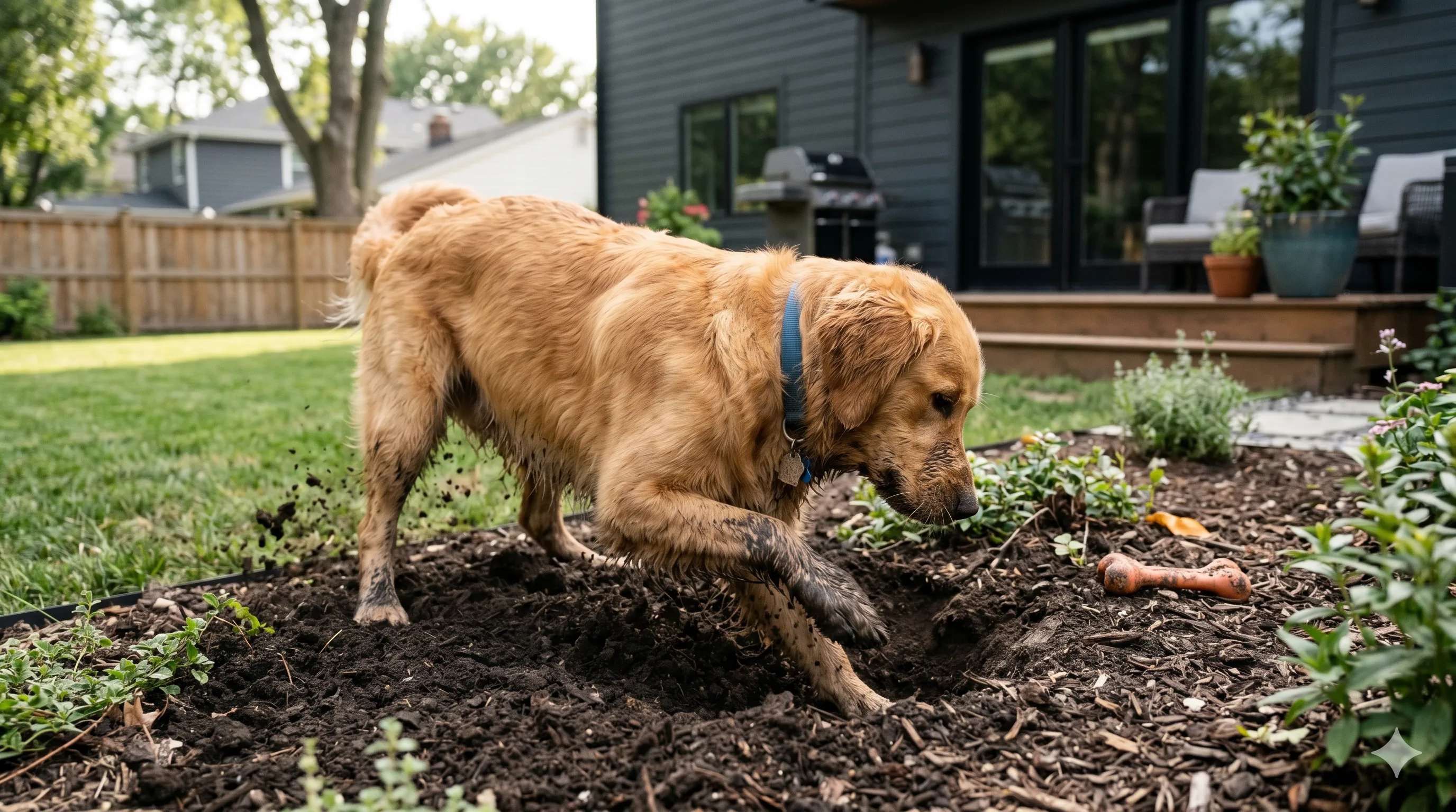 Dog digging holes in backyard showing natural instinct and behavior