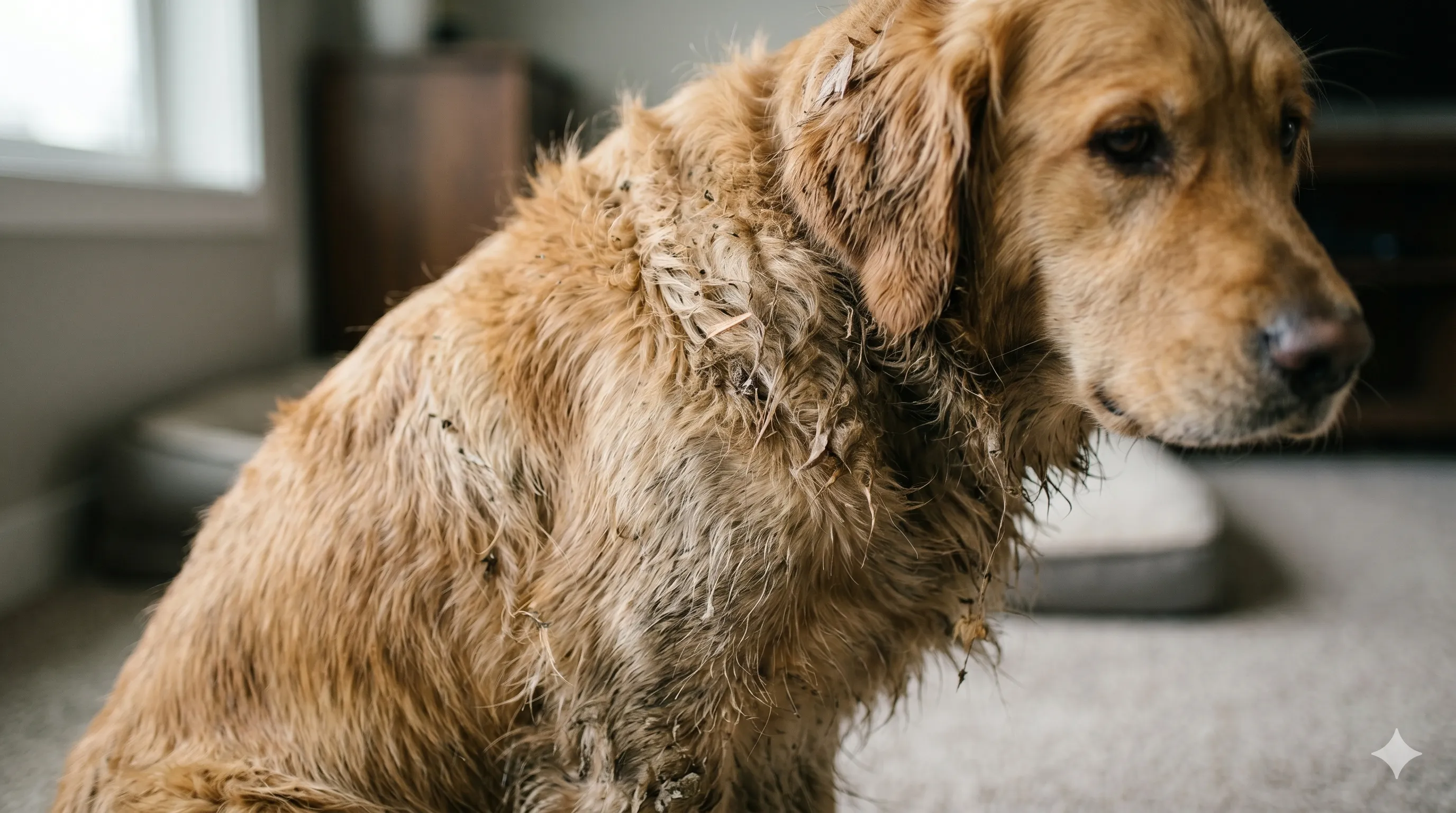 Dog with dirty coat showing need for bathing and grooming