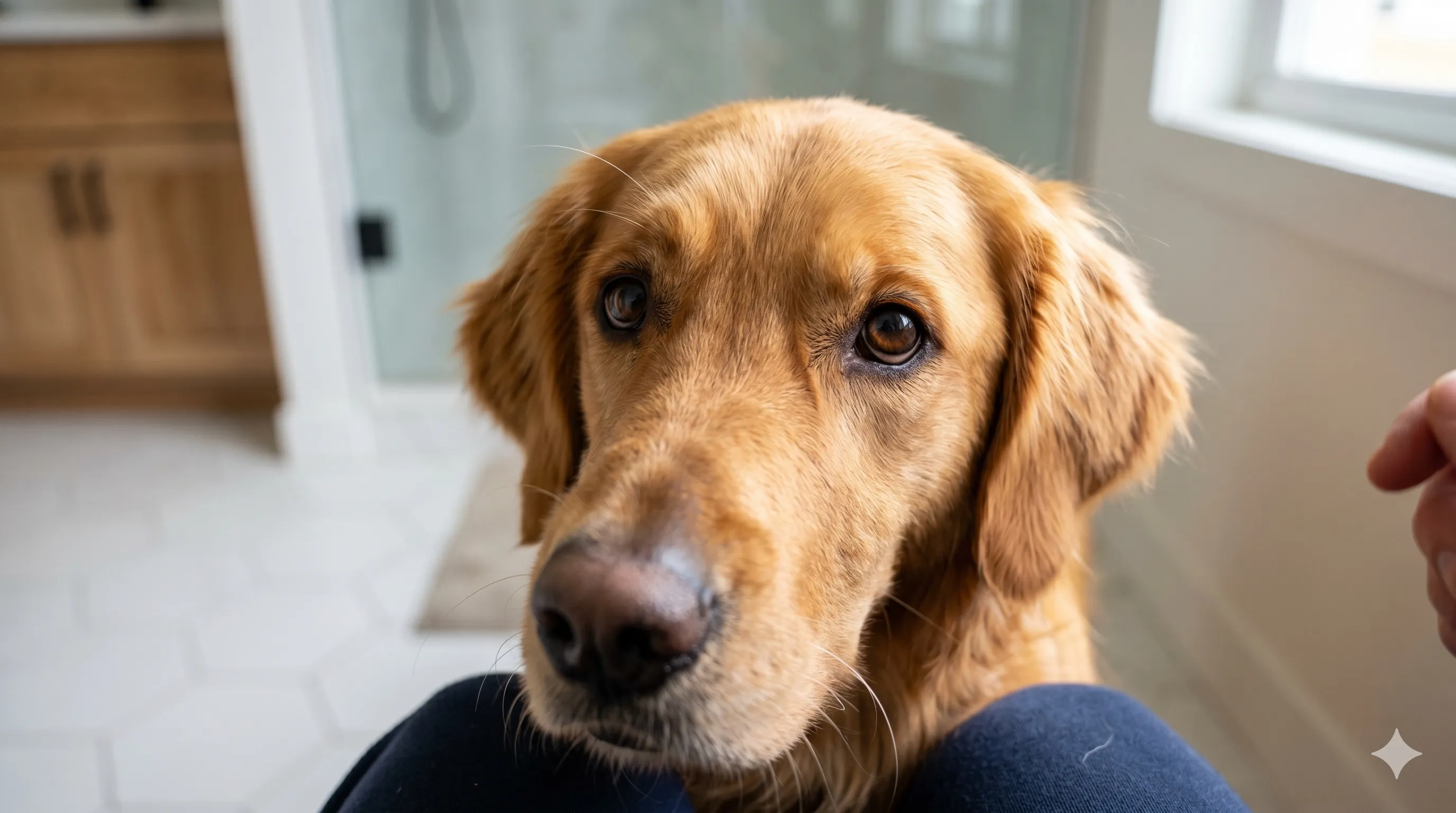 Close-up of dog watching owner closely with attentive and clingy expression