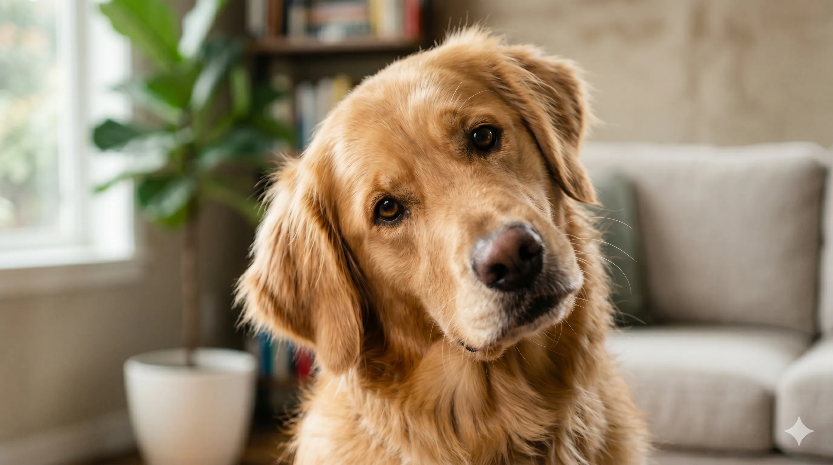 Close-up of dog tilting head with curious and attentive expression