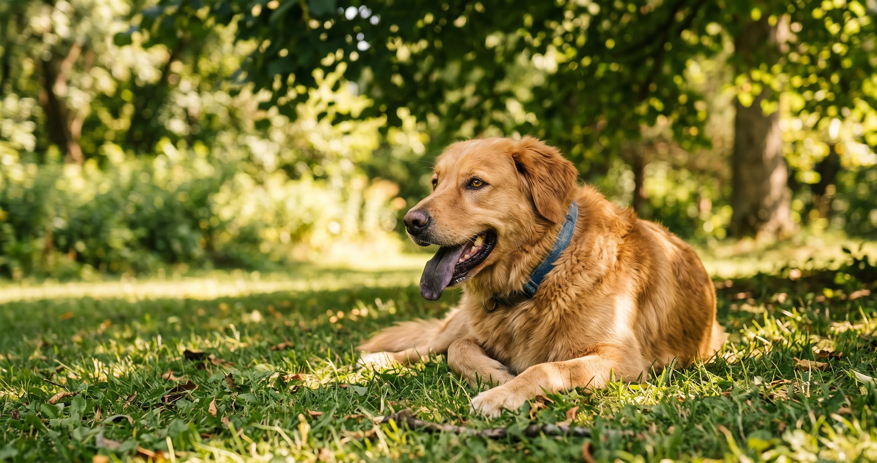 Overheated dog panting heavily in the shade during hot summer weather