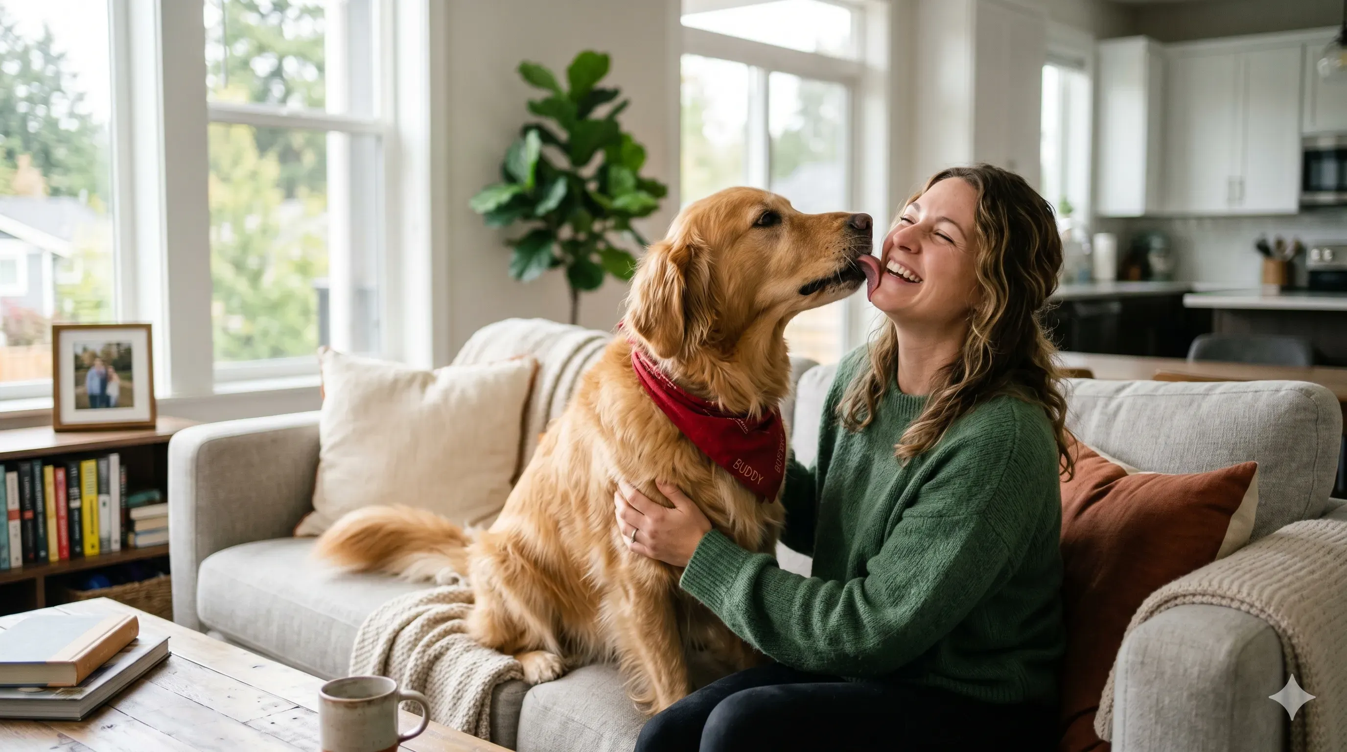 Dog licking owner's face showing affection and bonding behavior