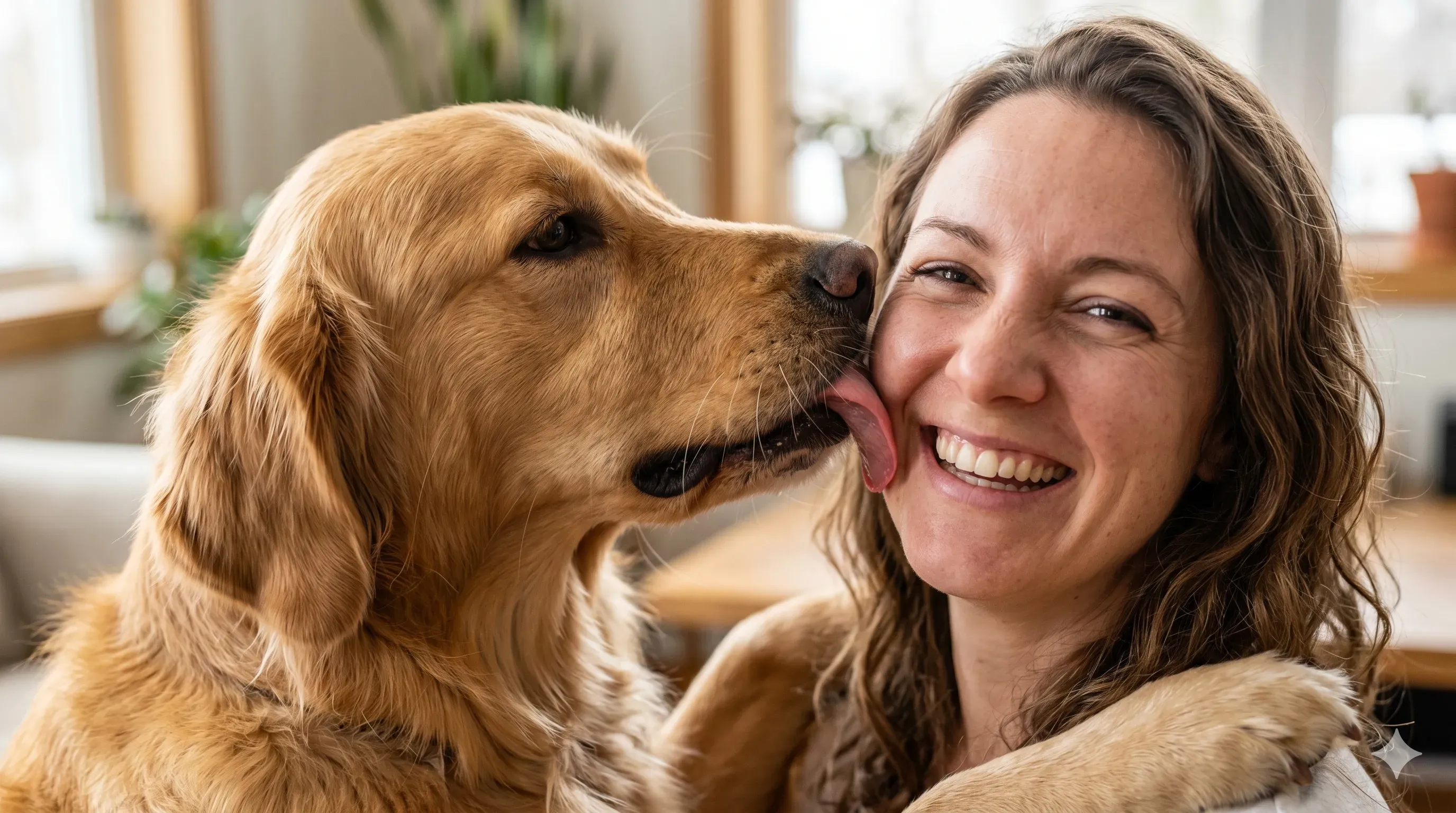 Close-up of dog licking face with affectionate expression