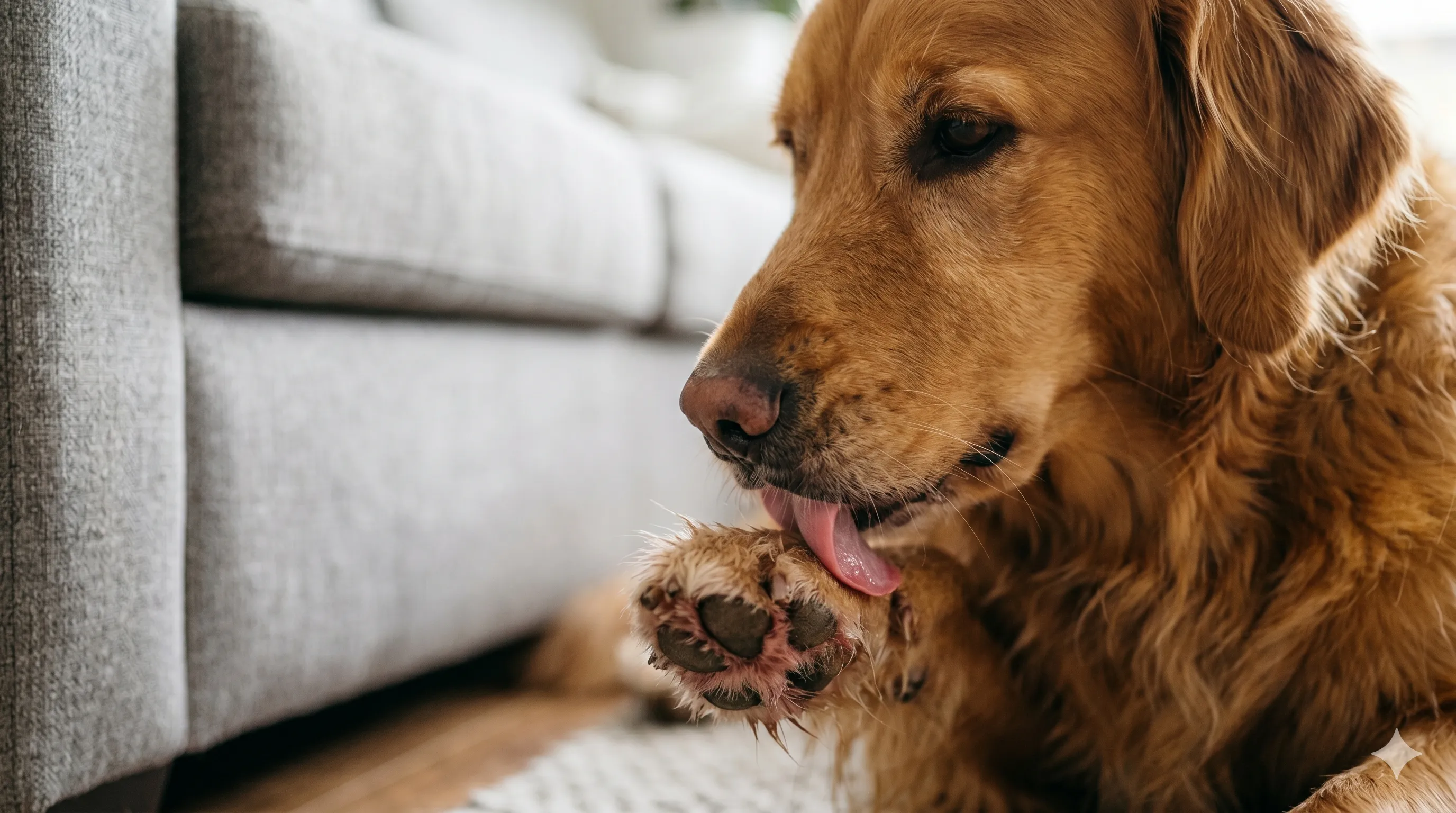 Close-up of dog licking its paw showing irritation or focused behavior