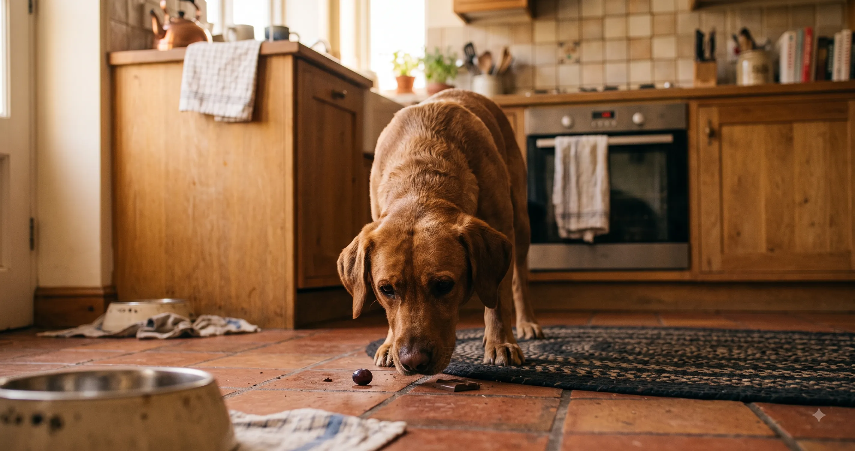 dog-near-spilled-food-hazard-image-1 Dog sniffing near spilled food or household items that could be toxic