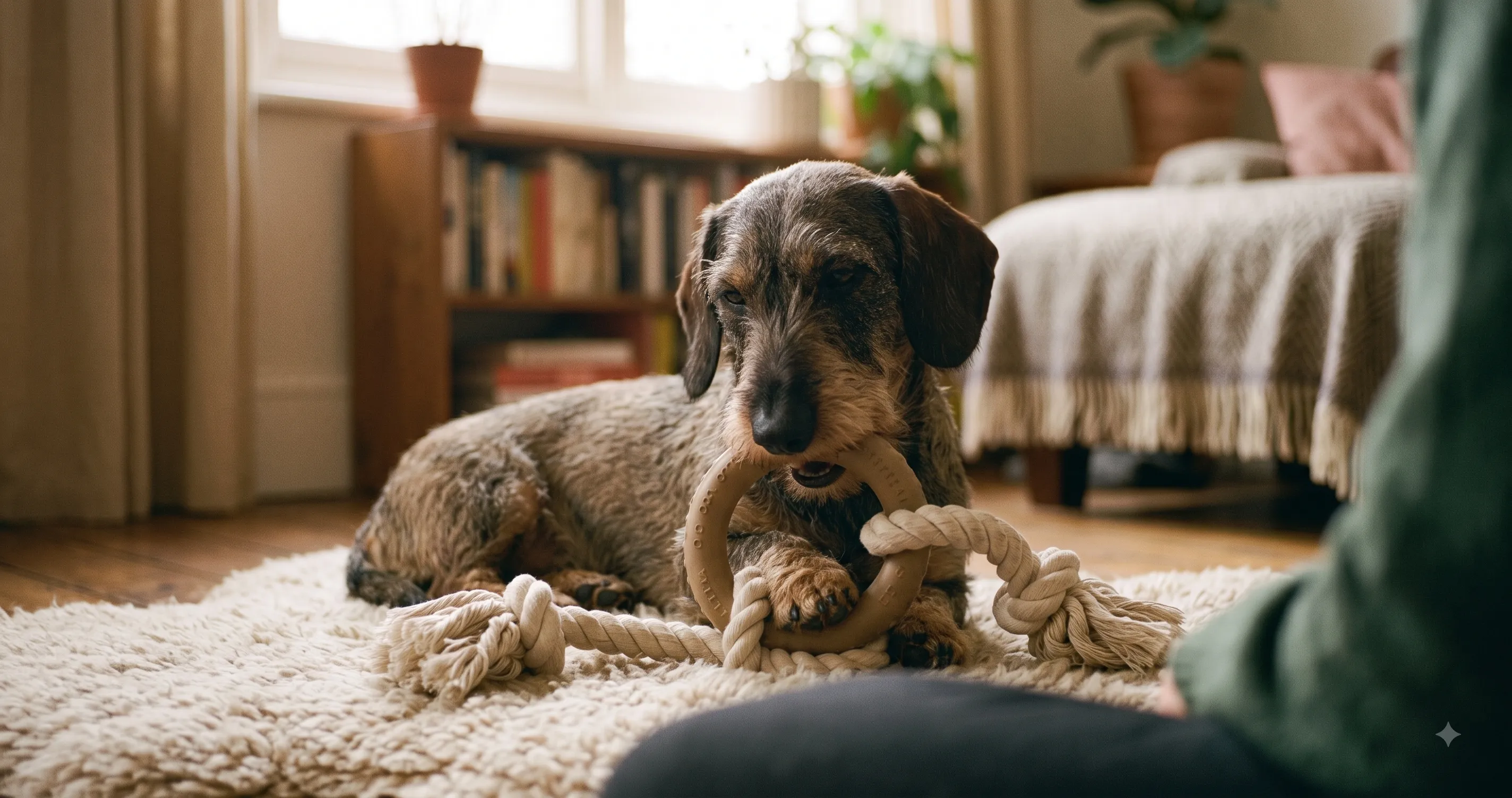 dog-playing-with-safe-chew-toy-image-3 Dog safely chewing on an appropriately sized toy as part of choking prevention