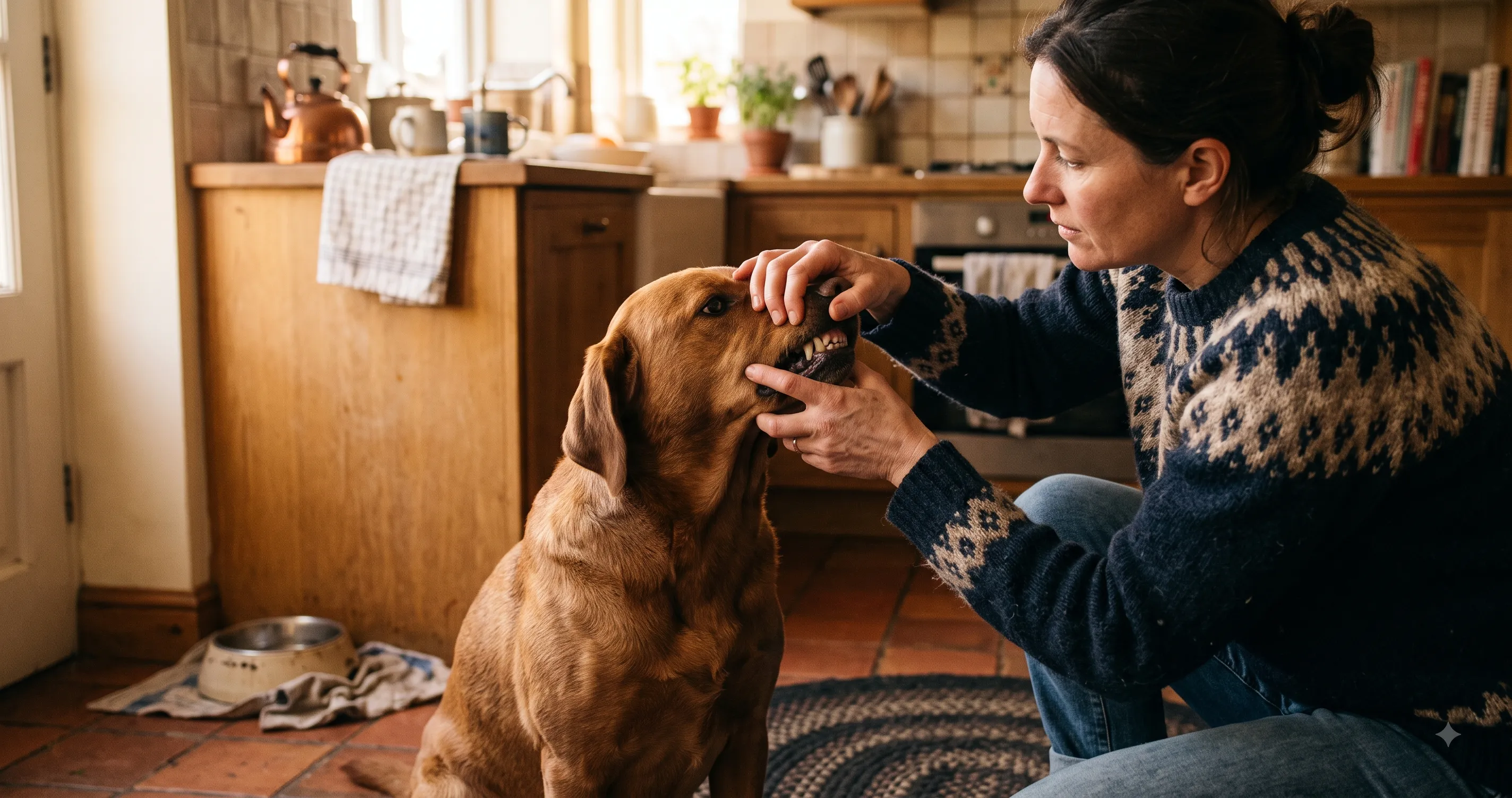 Concerned owner checking a dog after it may have eaten something toxic