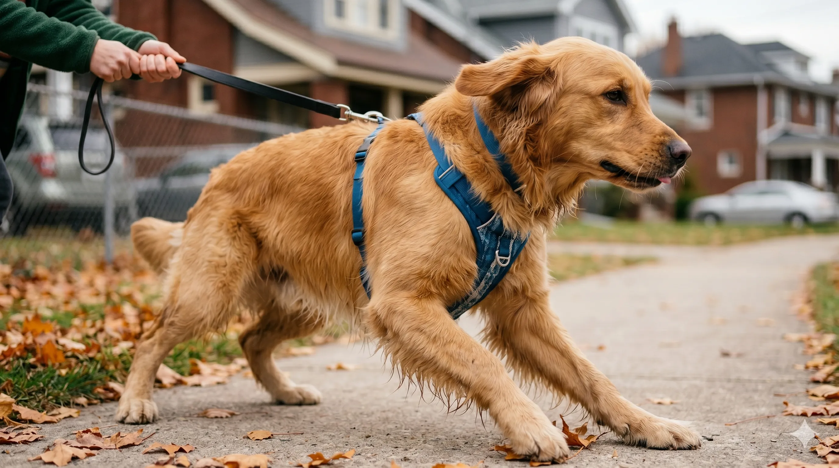Close-up of dog pulling leash with tension and forward posture