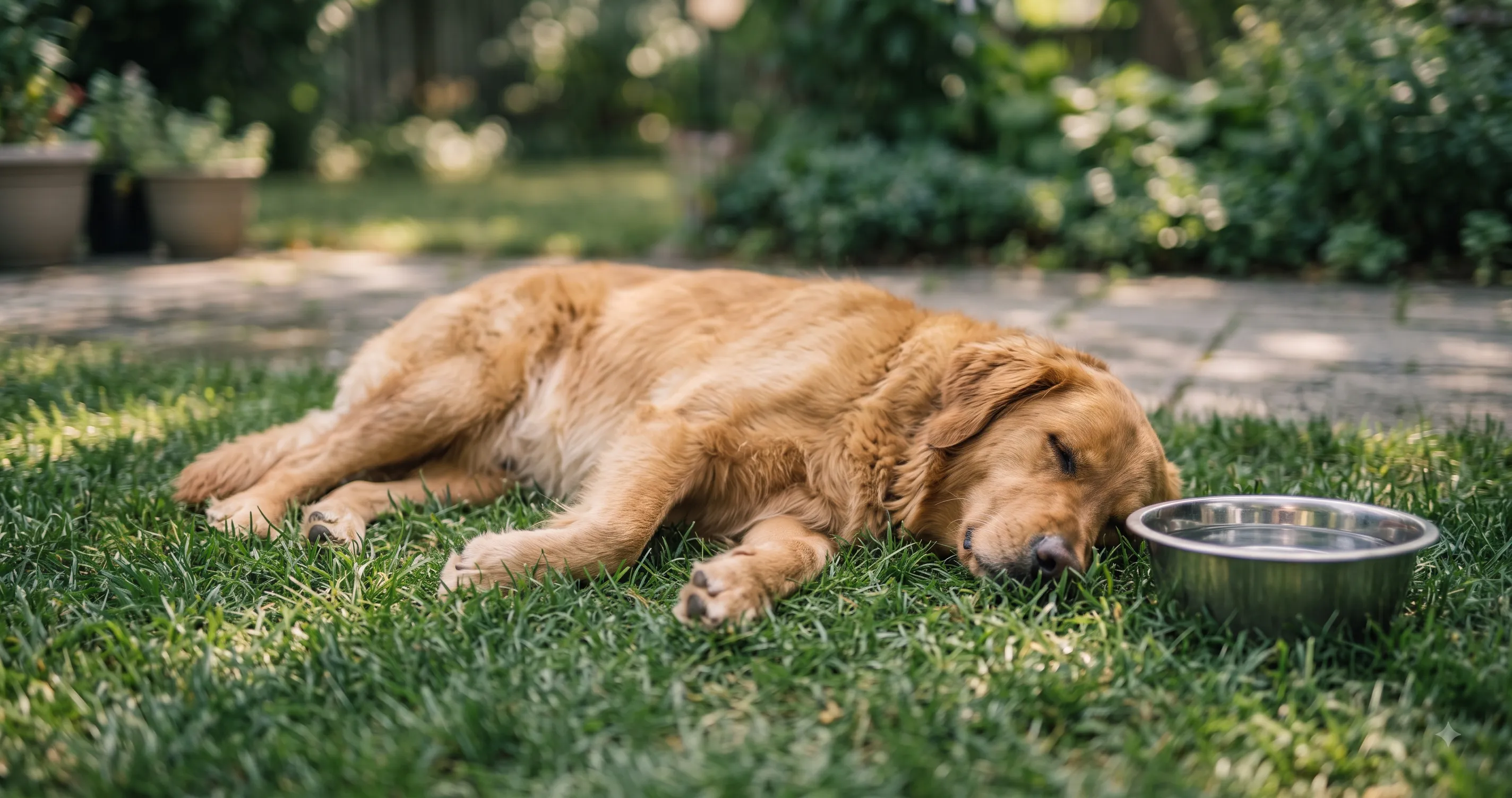 dog-resting-in-shade-with-water-bowl-image-3 Dog resting safely in the shade next to a full water bowl