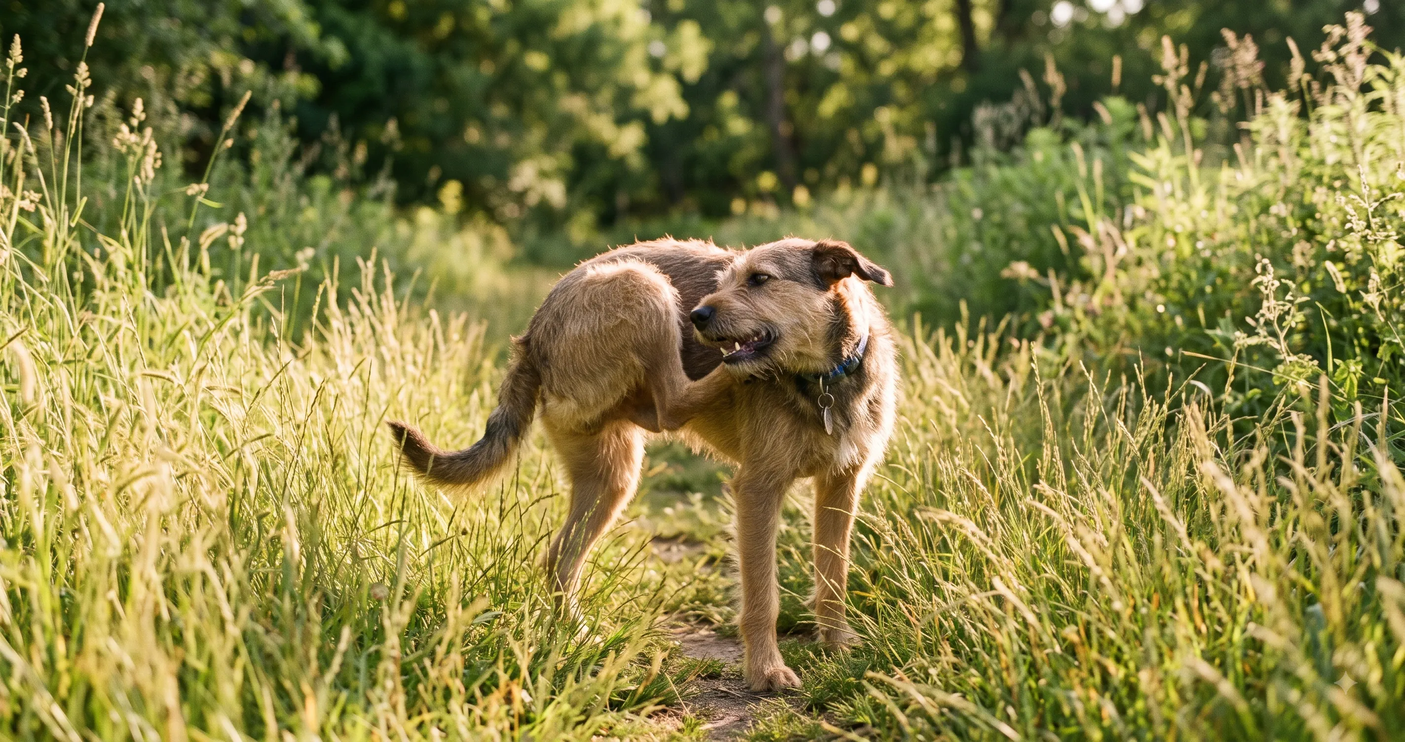 dog-scratching-in-grass-image-1 Dog scratching itself while standing in tall grass, an early sign of fleas or ticks