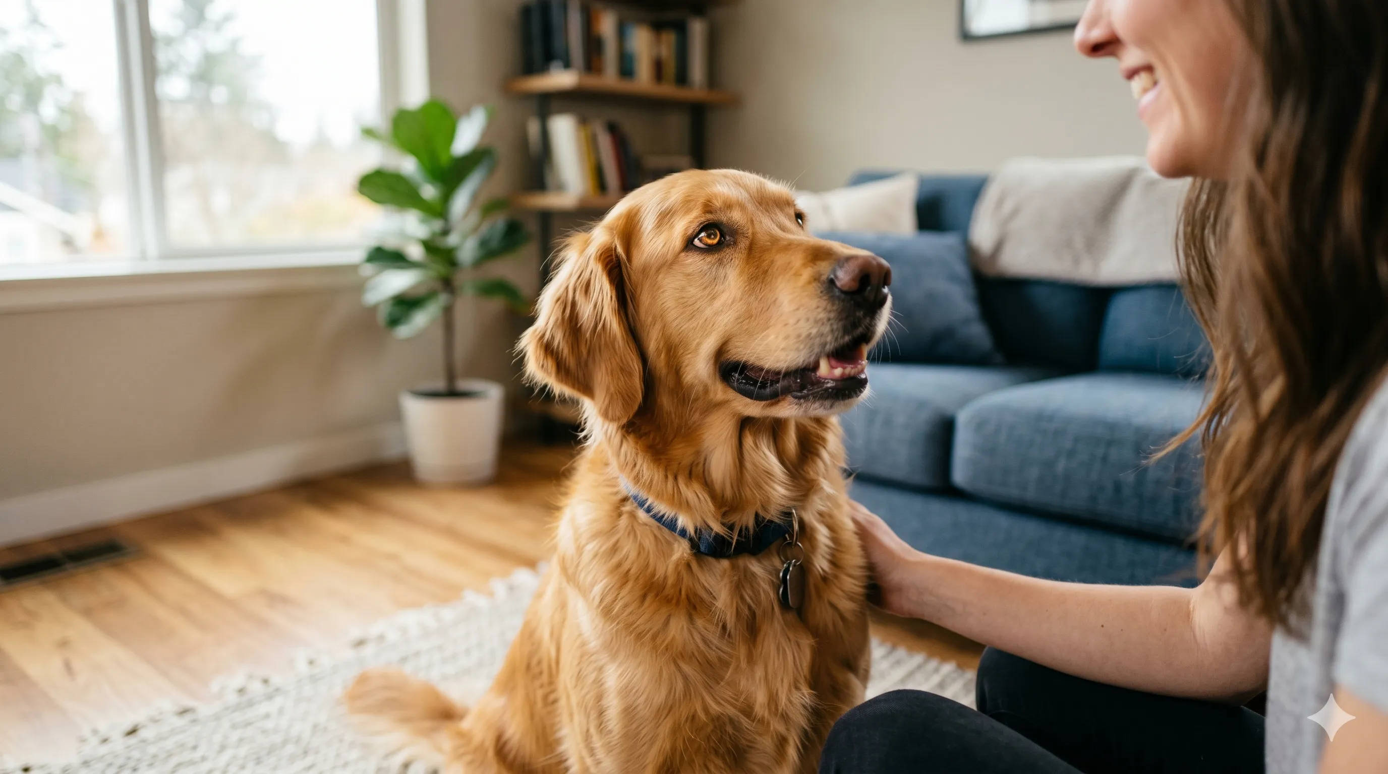 Dog staring at owner at home showing communication and emotional connection