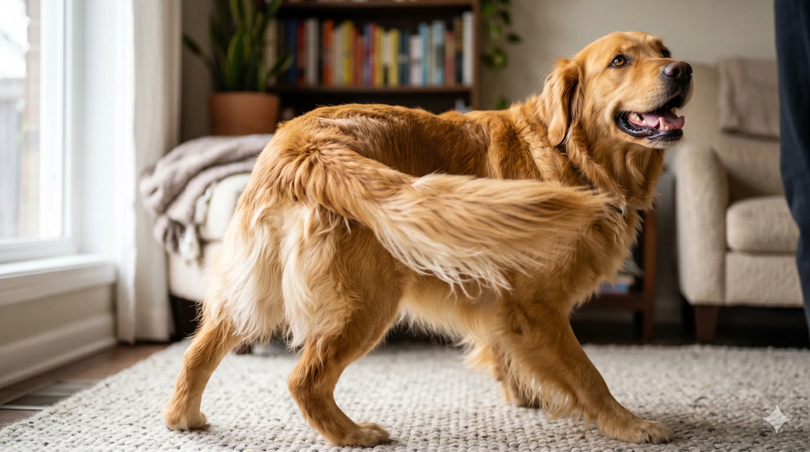 Close-up of dog tail wagging showing movement and emotional signal
