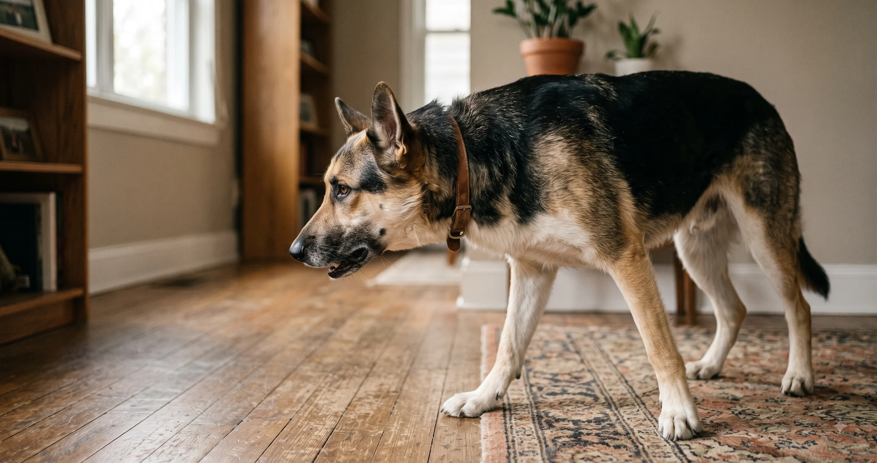 dog-tripod-position-choking-image-1 Dog standing with neck extended and elbows spread in the tripod choking position