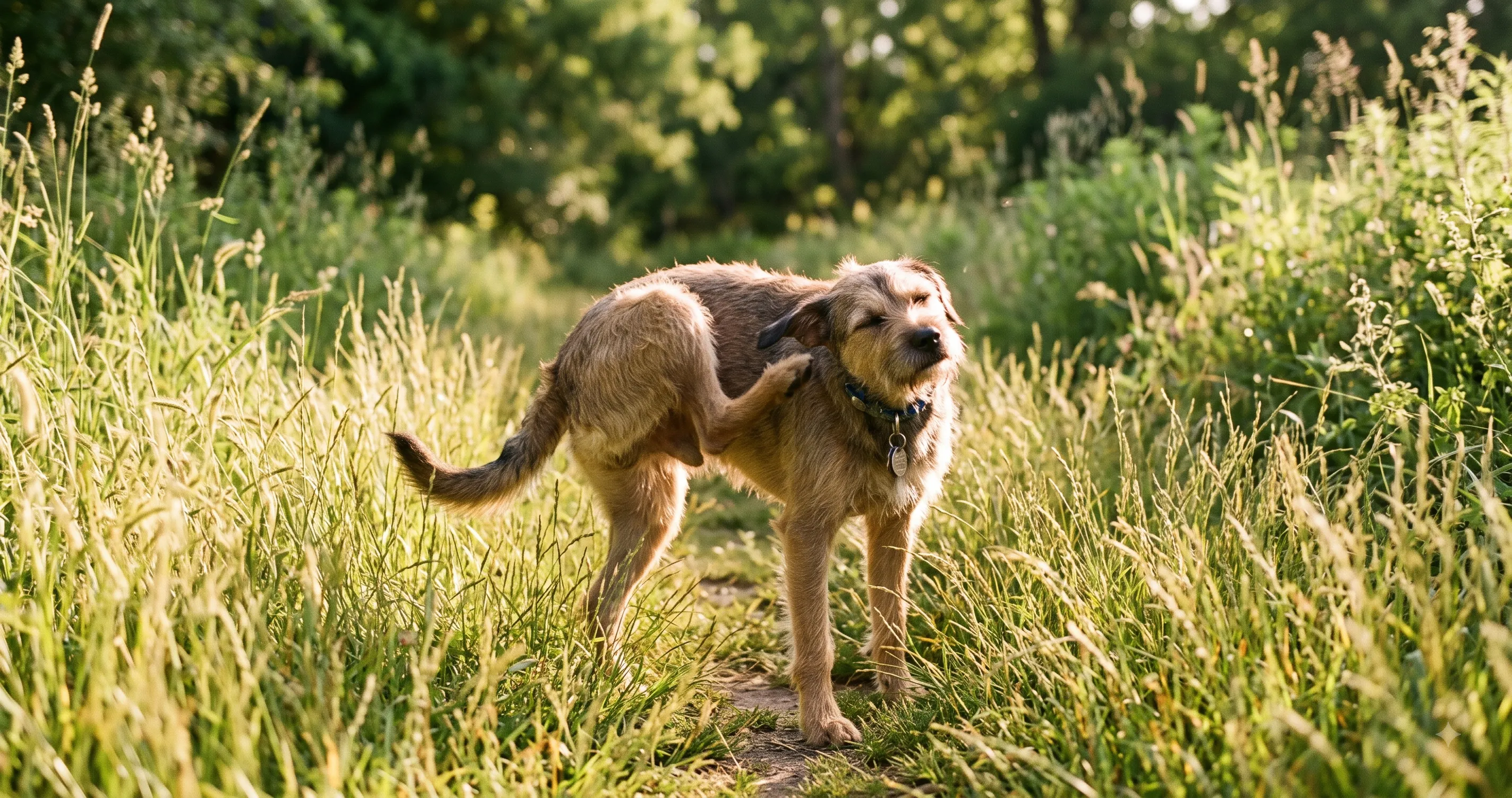Dog scratching itself outdoors in tall grass showing signs of flea or tick irritation