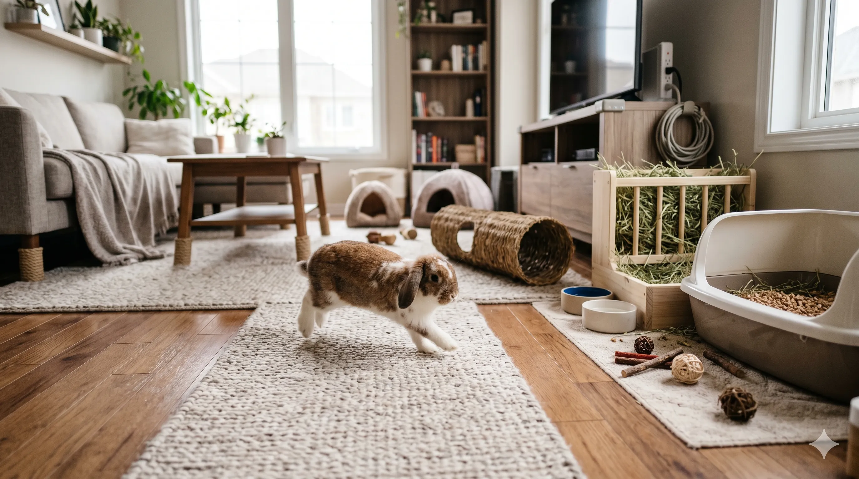Free roam rabbit exploring safe indoor home setup with toys and rabbit-friendly environment