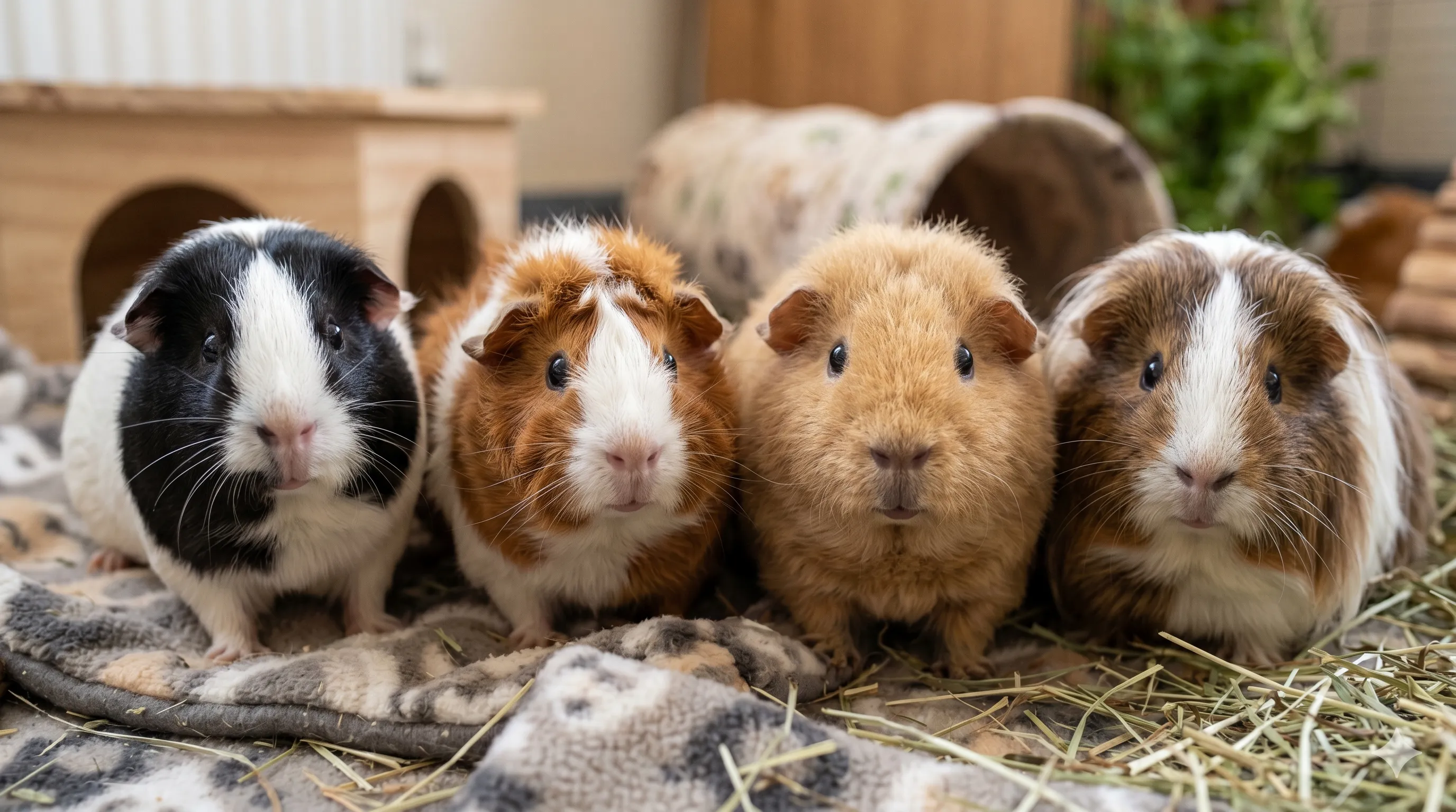 beginner-guinea-pig-breeds-comparison Side by side comparison of an American, Teddy, and Rex guinea pig showing coat differences