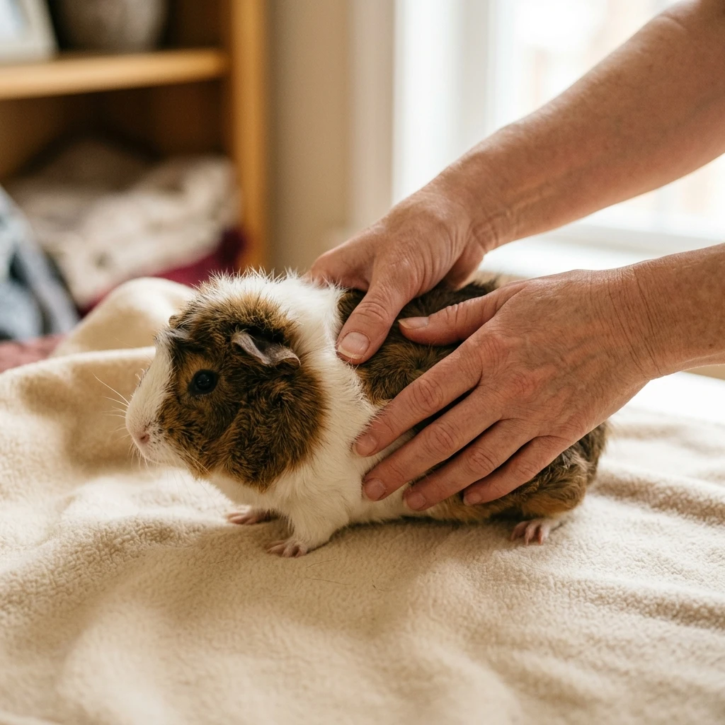 Owner gently checking a guinea pig's body condition and waistline by hand
