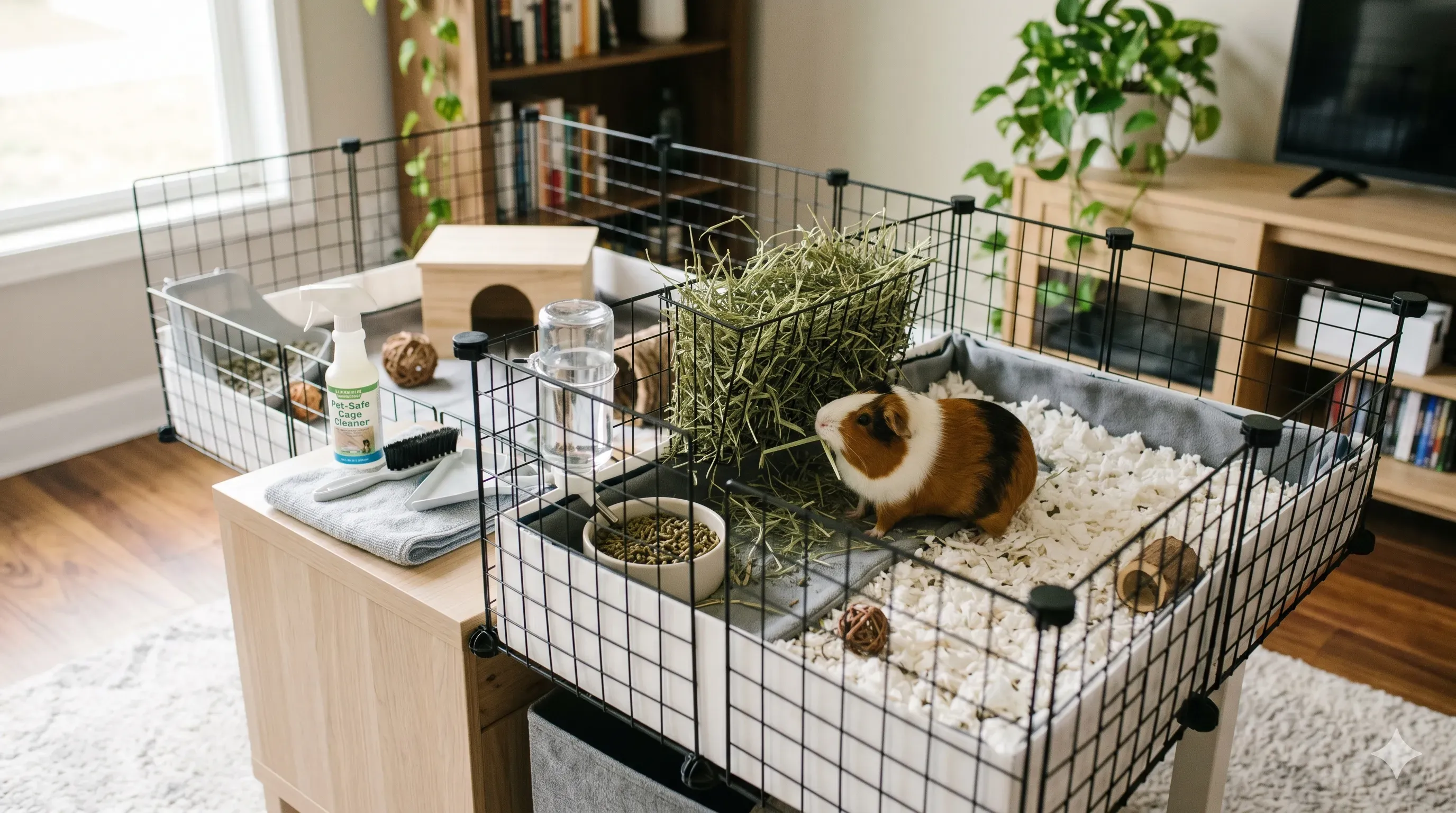 Clean guinea pig cage showing proper daily and weekly cleaning routine for healthy pets