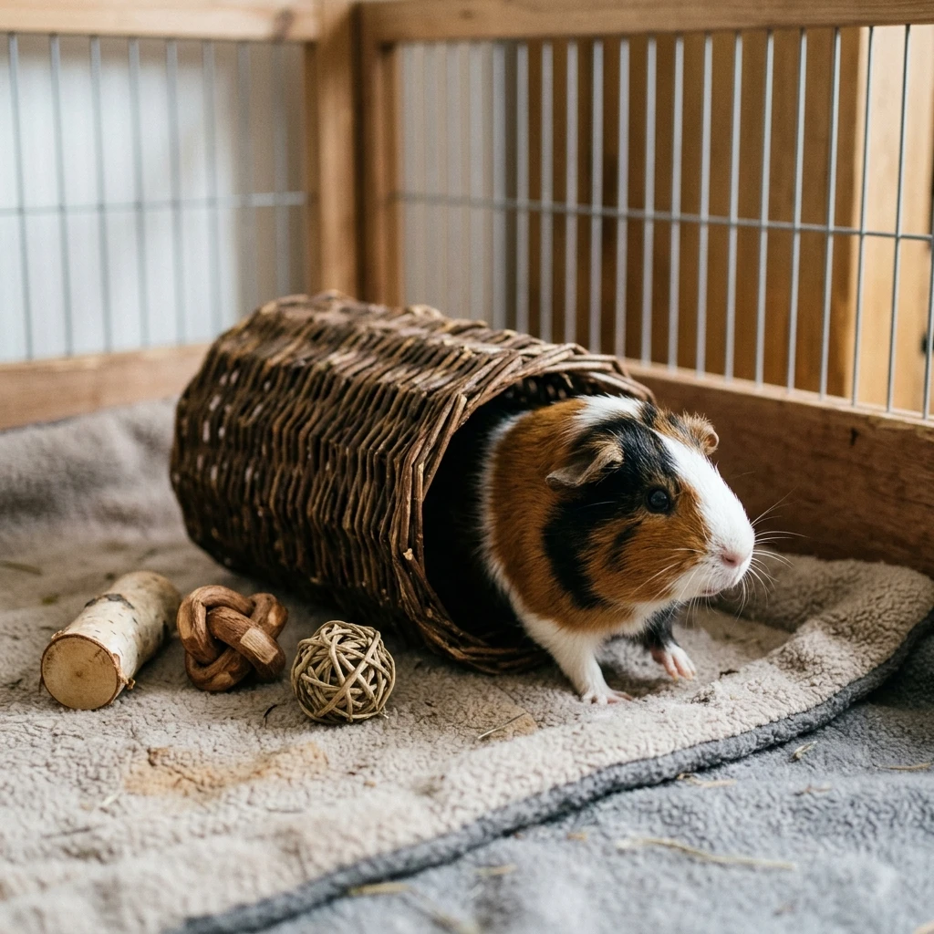 guinea-pig-cage-enrichment-toys-tunnel.webp Guinea pig cage with rotating chew toys and a tunnel for enrichment
