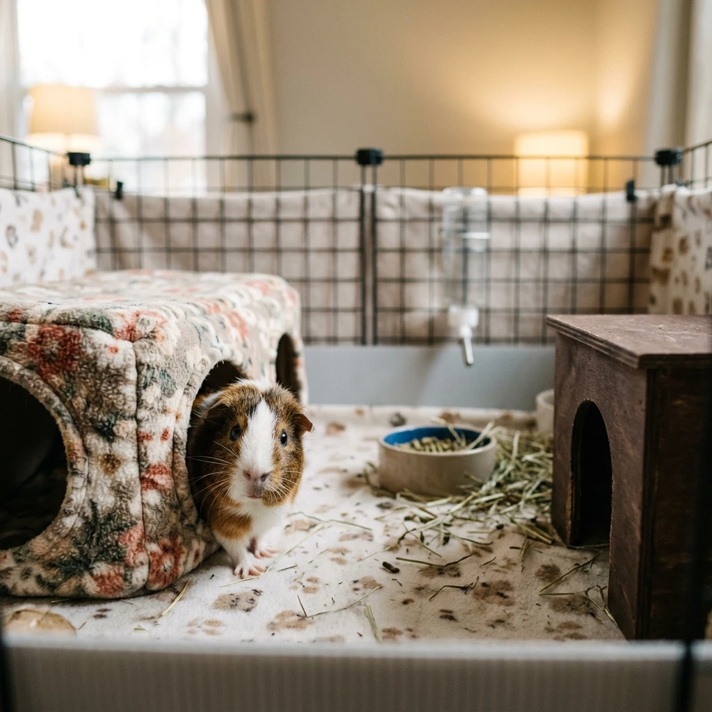 guinea-pig-cage-hideouts-opposite-ends.webp Two guinea pig hideouts placed at opposite ends of a cage