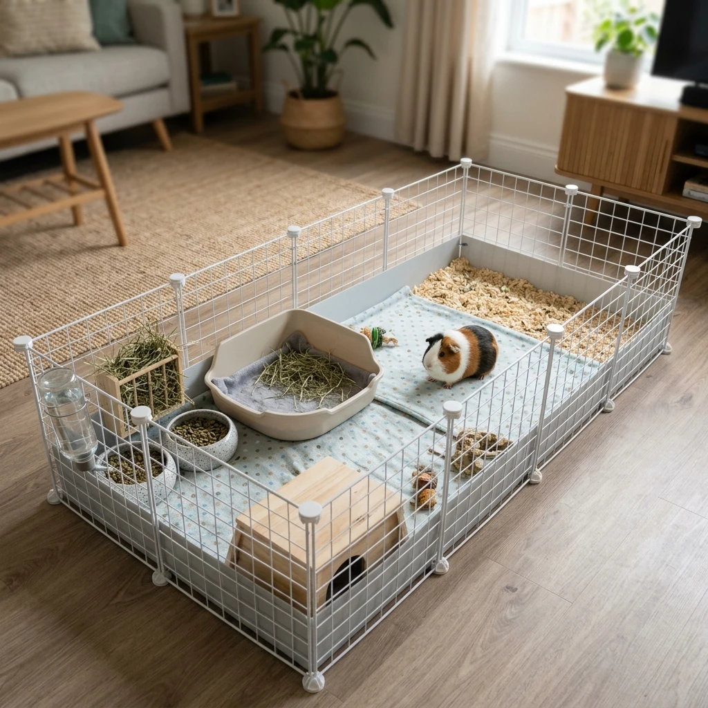 guinea-pig-cage-zone-layout-dining-litter-run.webp Guinea pig cage divided into a dining corner, litter corner, and open run zone