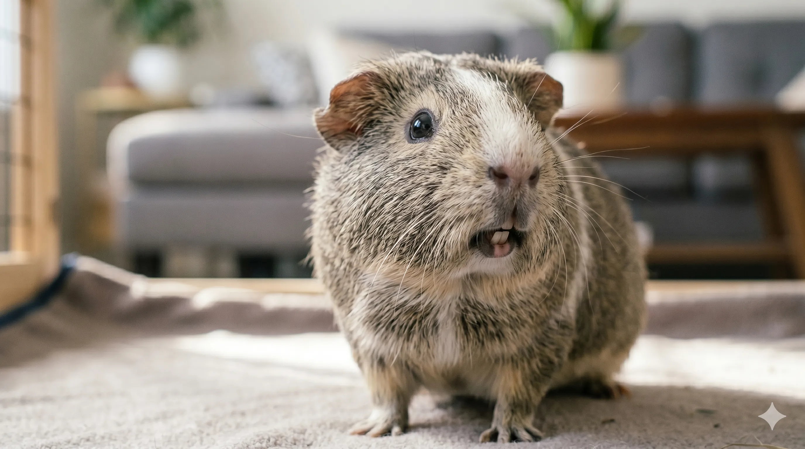 guinea-pig-chattering-teeth-closeup-image-1 Close-up of guinea pig showing teeth chattering with alert and defensive expression