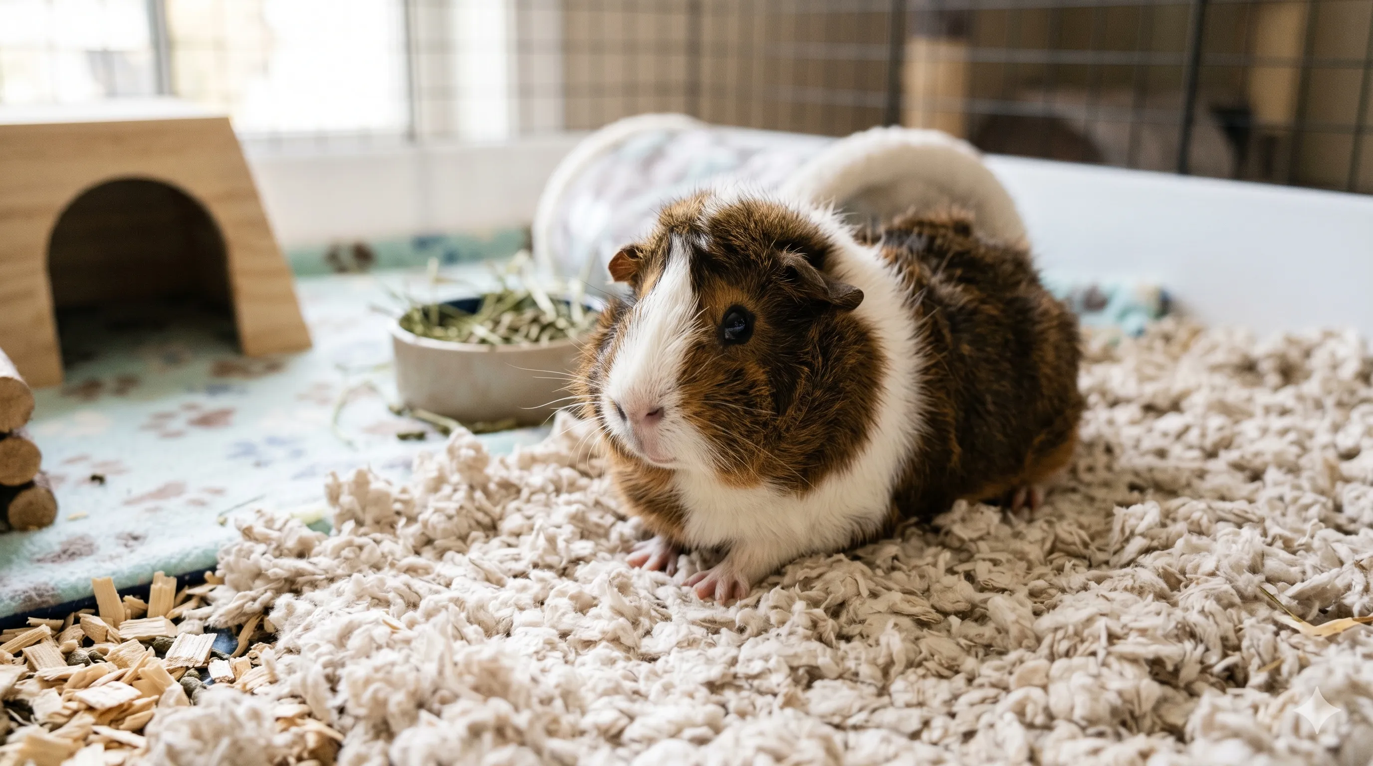 guinea-pig-safe-bedding-closeup Close-up of guinea pig on comfortable bedding showing safe habitat materials