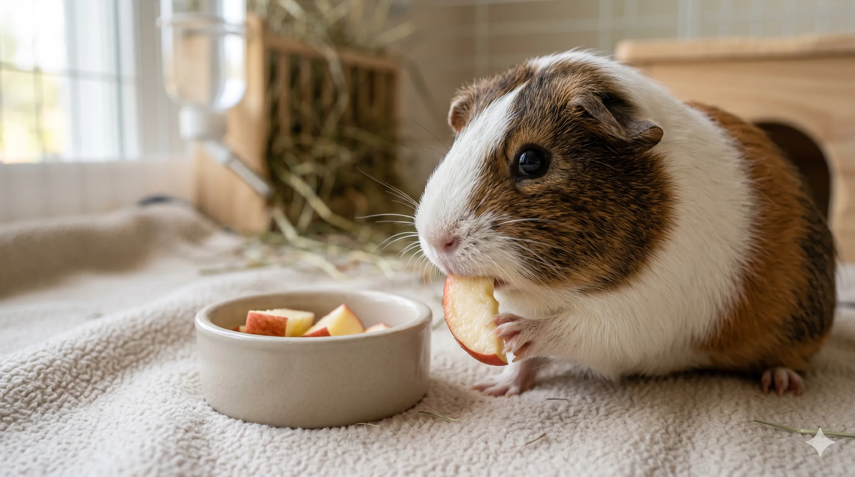 Close-up of guinea pig eating fresh apple slices in healthy feeding environment indoors