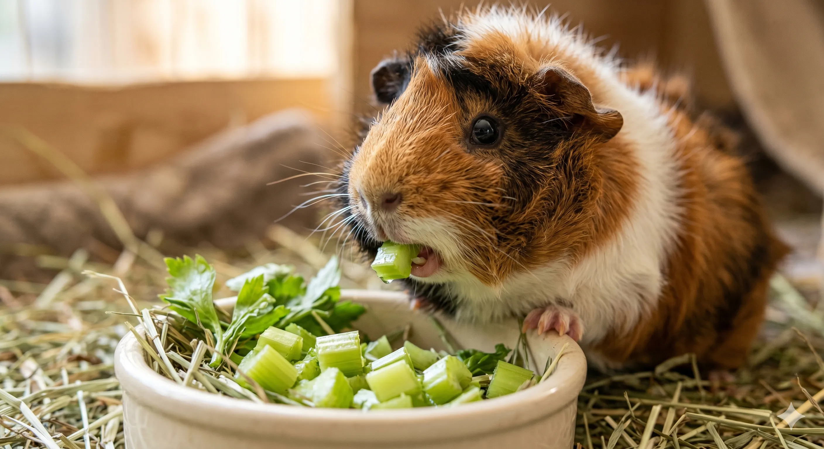Close-up of guinea pig eating safely chopped celery pieces in healthy feeding setup