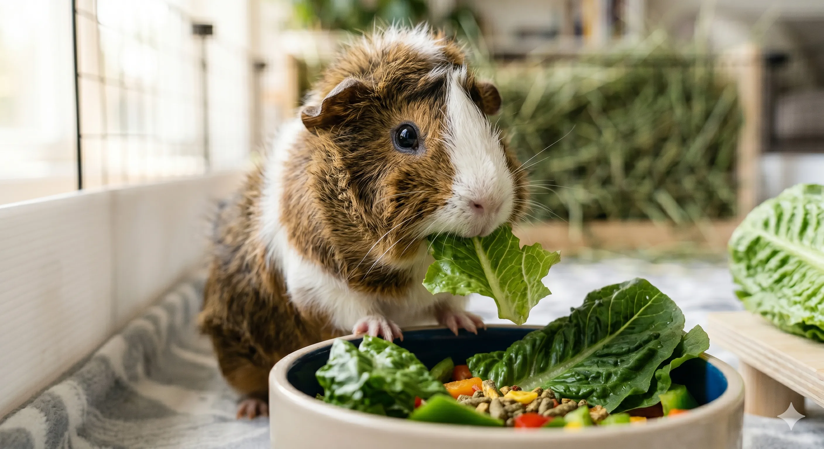 Close-up of guinea pig eating fresh romaine lettuce in healthy feeding environment indoors
