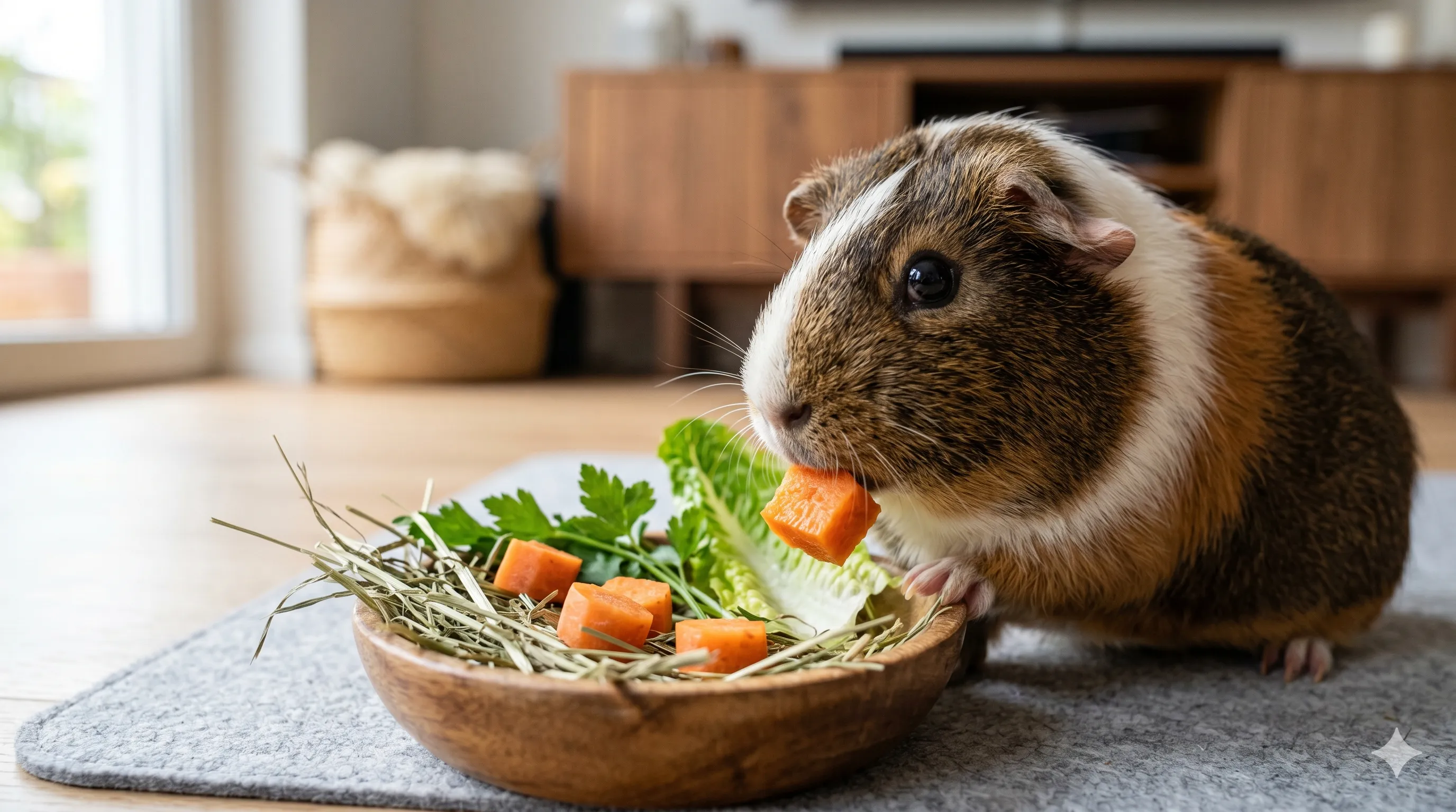 Close-up of guinea pig eating small carrot pieces in healthy feeding environment indoors