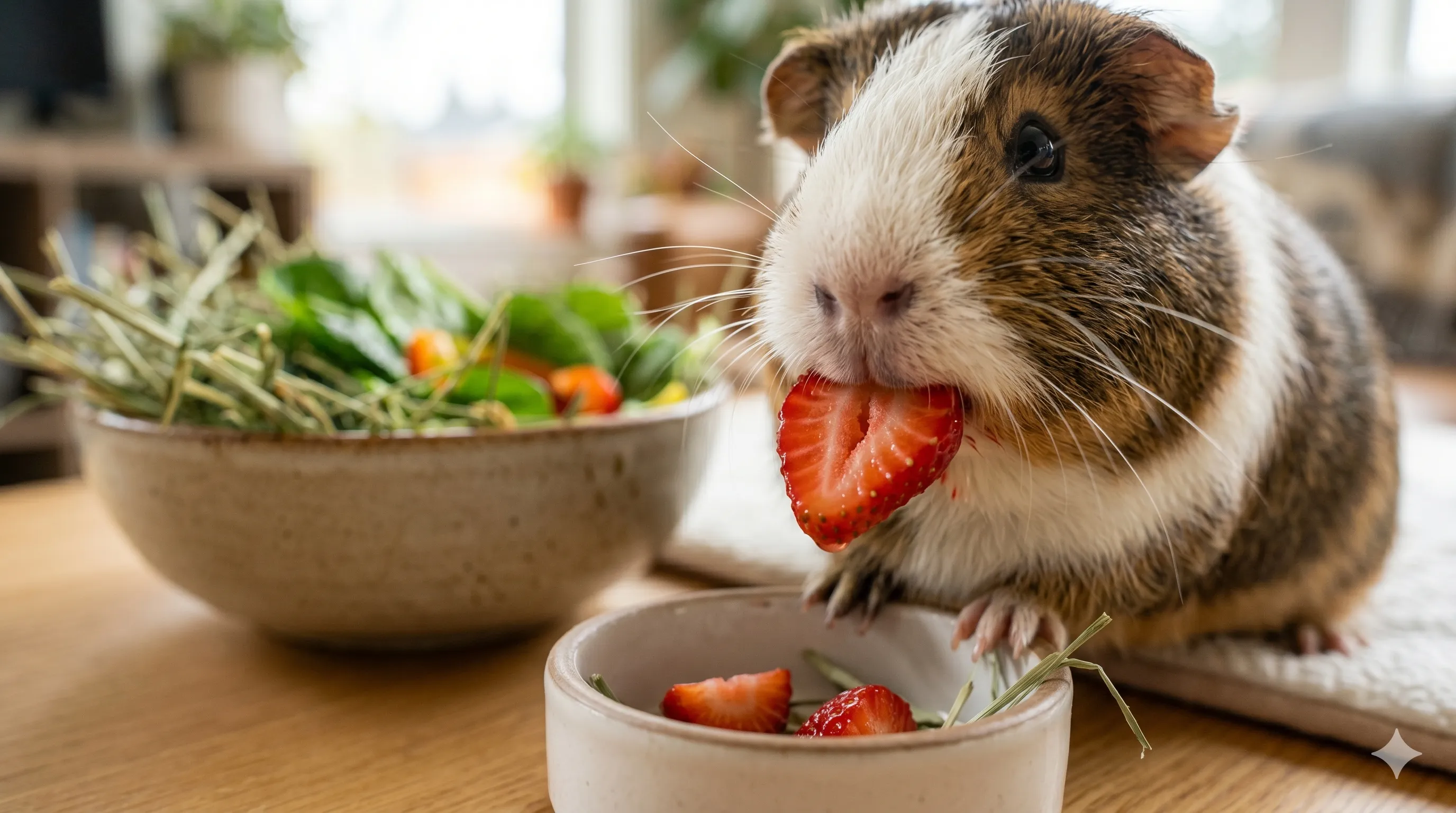 Close-up of guinea pig eating fresh strawberry slices in healthy feeding setup