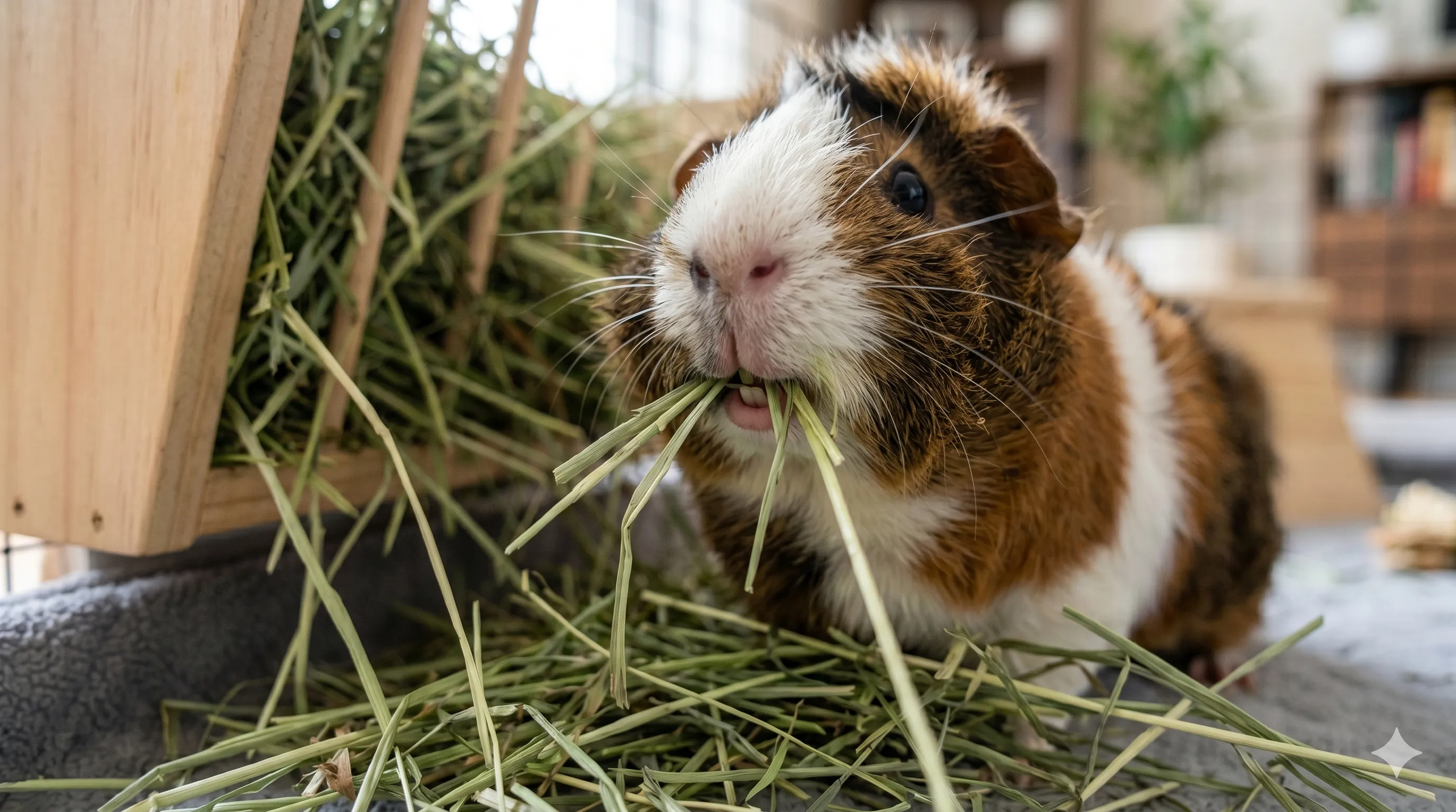 guinea-pig-eating-timothy-hay Close-up of guinea pig eating timothy hay showing healthy daily feeding habits