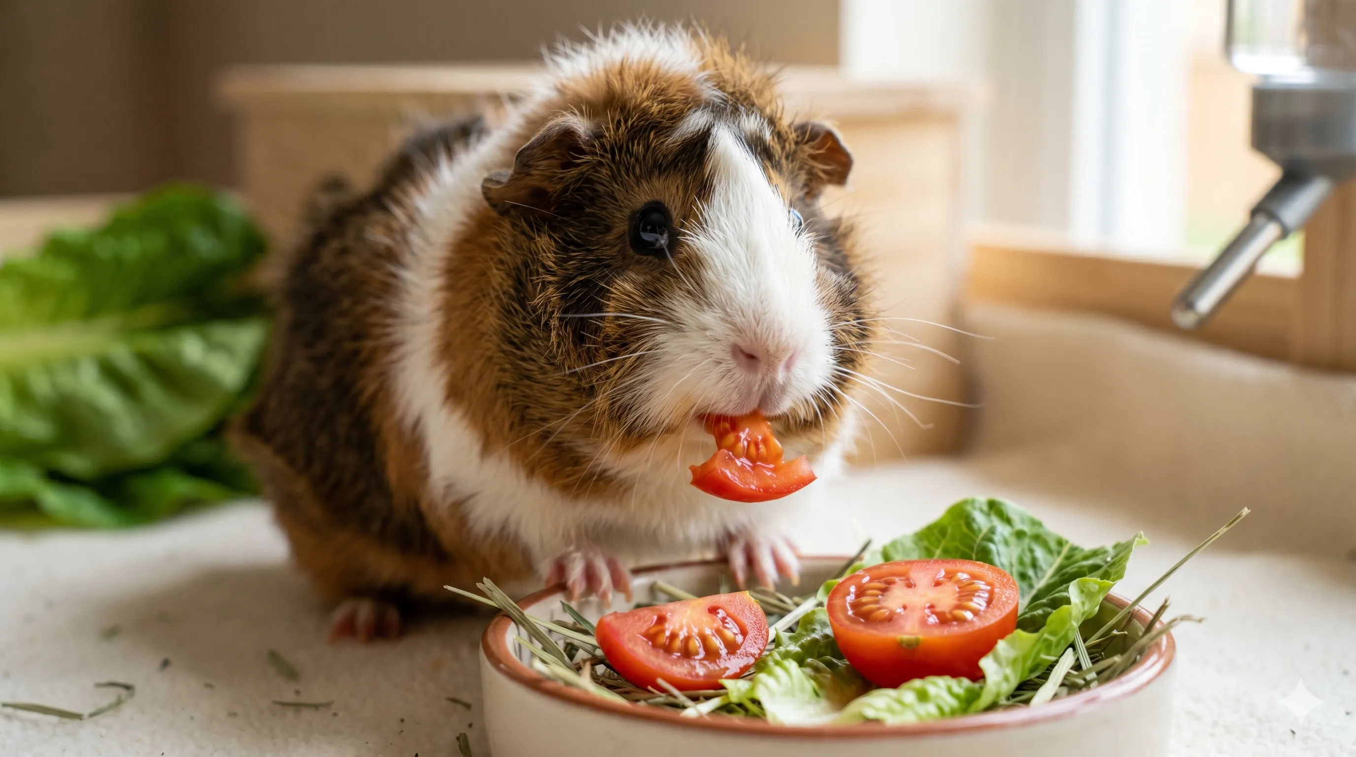 Close-up of guinea pig eating fresh tomato slices in healthy feeding setup