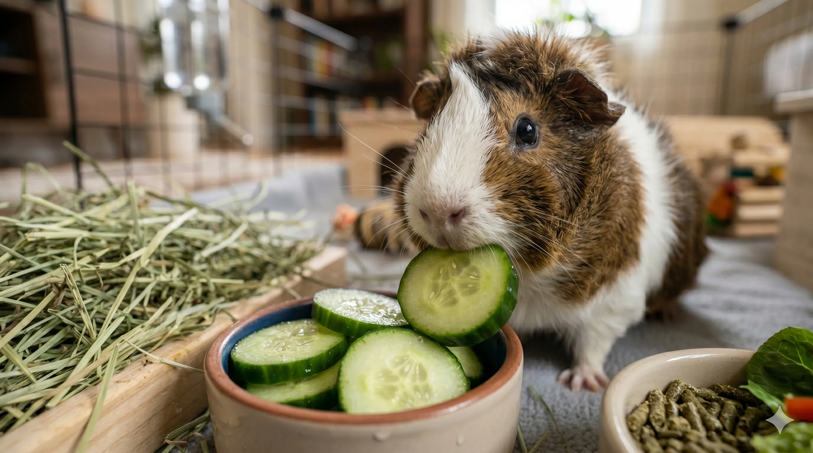 Close-up of guinea pig eating juicy cucumber slices with visible hydration-rich texture