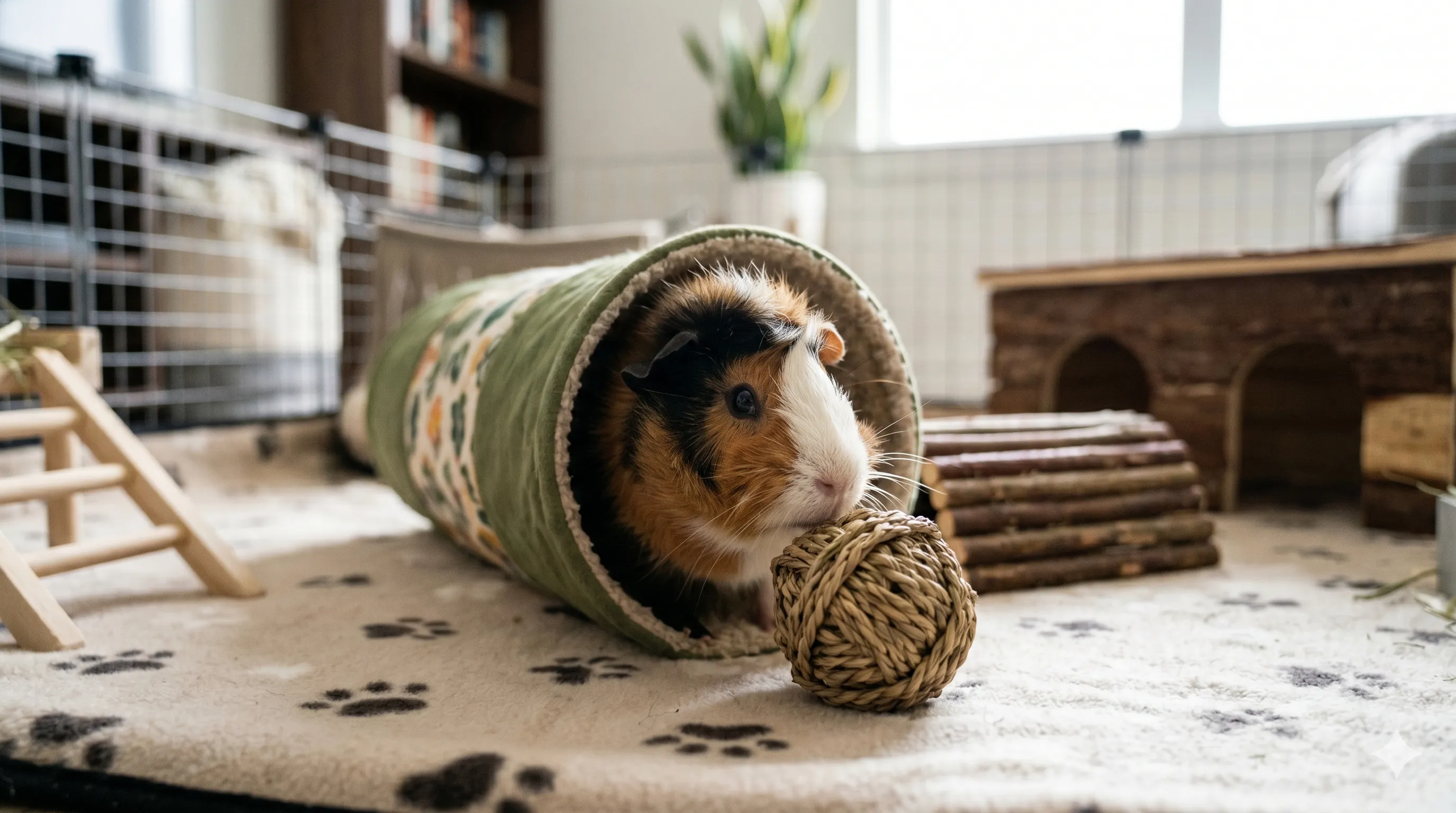 guinea-pig-exploring-playpen Close-up of guinea pig exploring a secure indoor play area with enrichment items