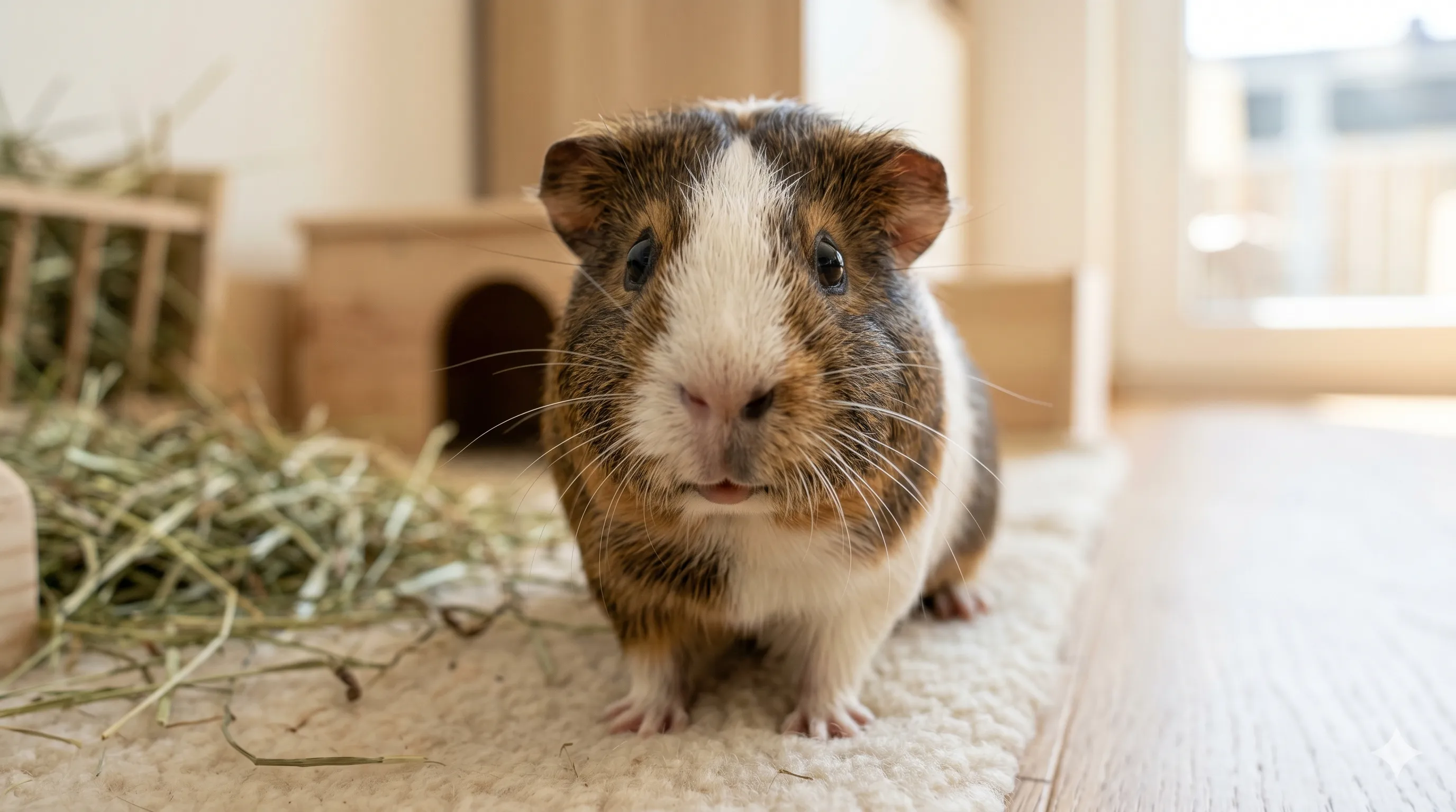 Close-up of guinea pig staring with alert eyes and curious facial expression indoors