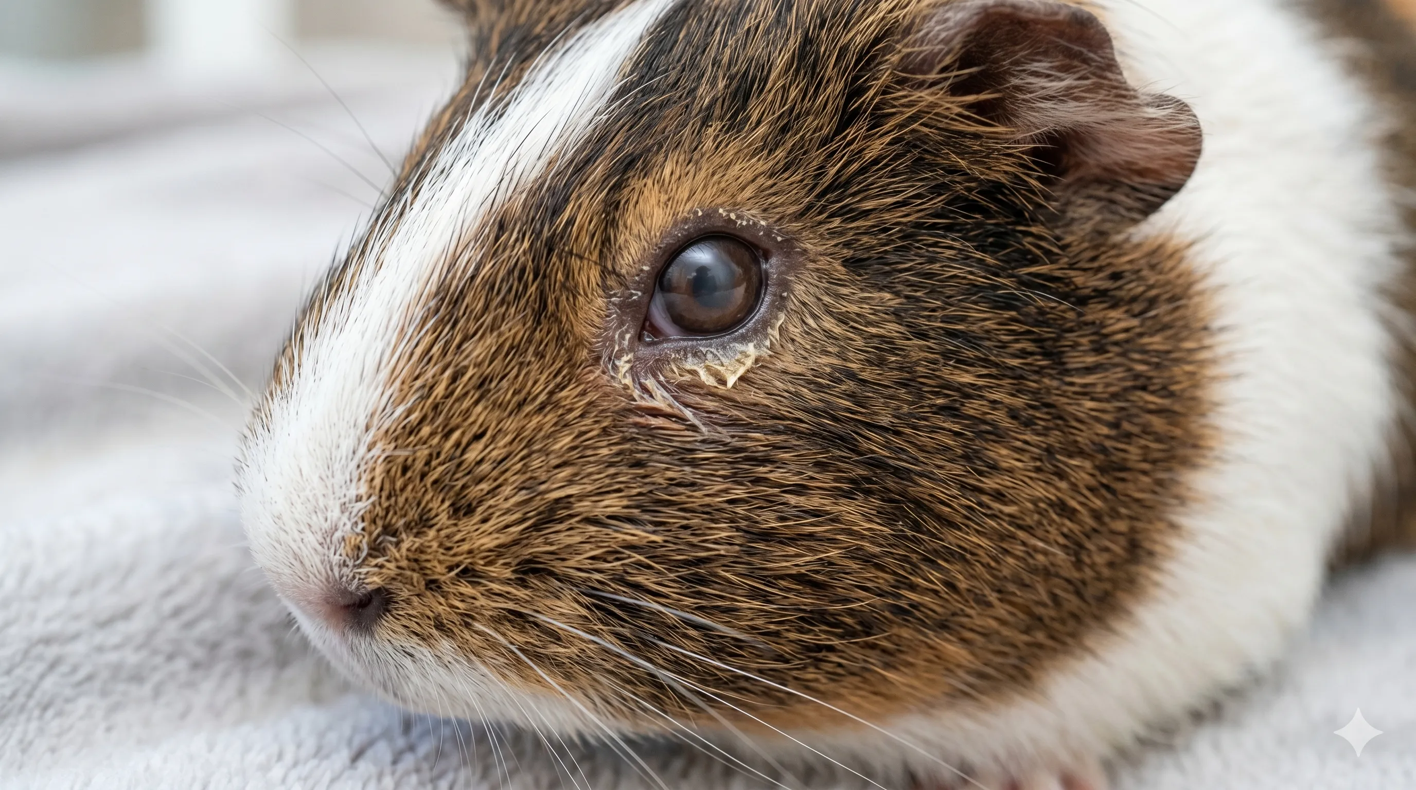 Close-up of guinea pig eye showing mild crustiness and potential health concerns