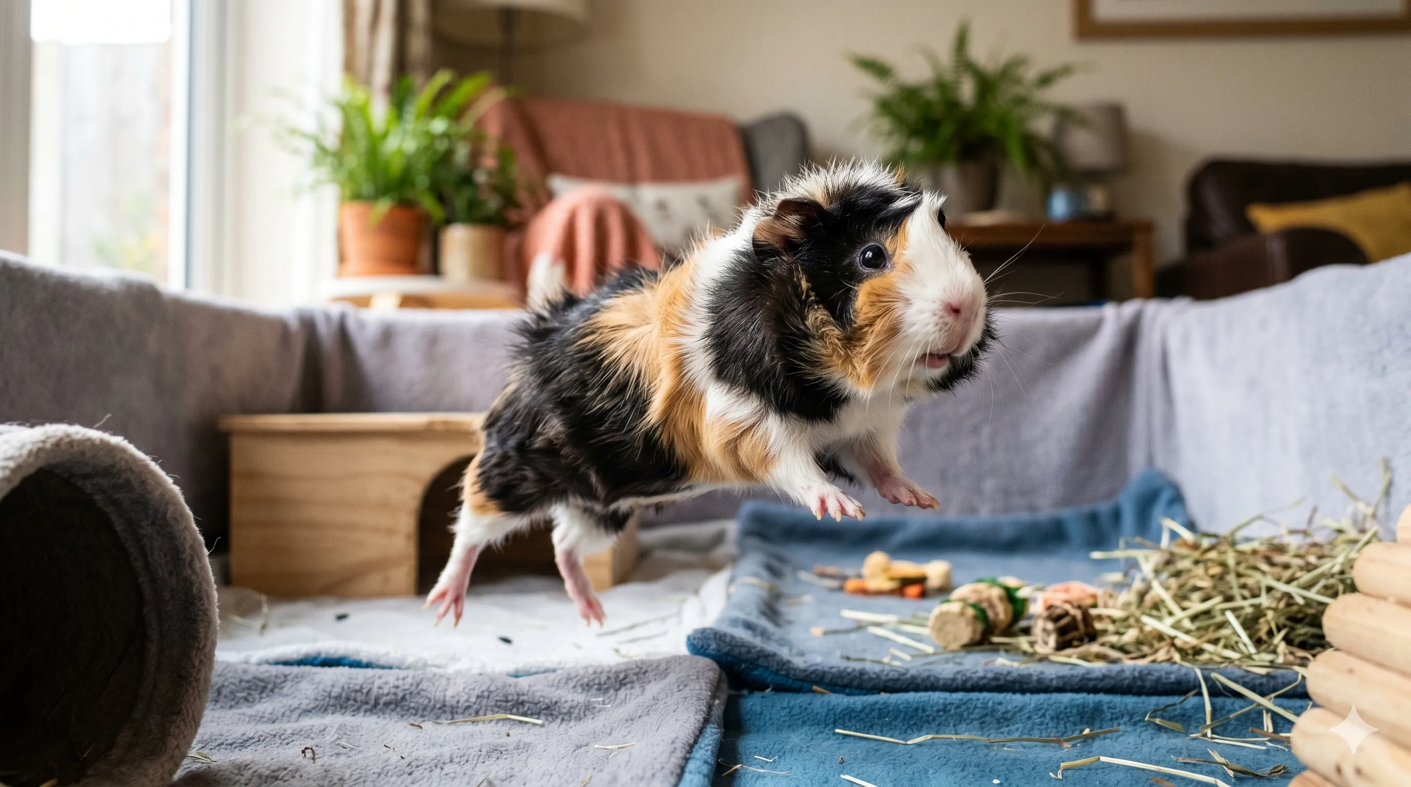 Close-up of guinea pig mid-jump during excited popcorning behavior indoors