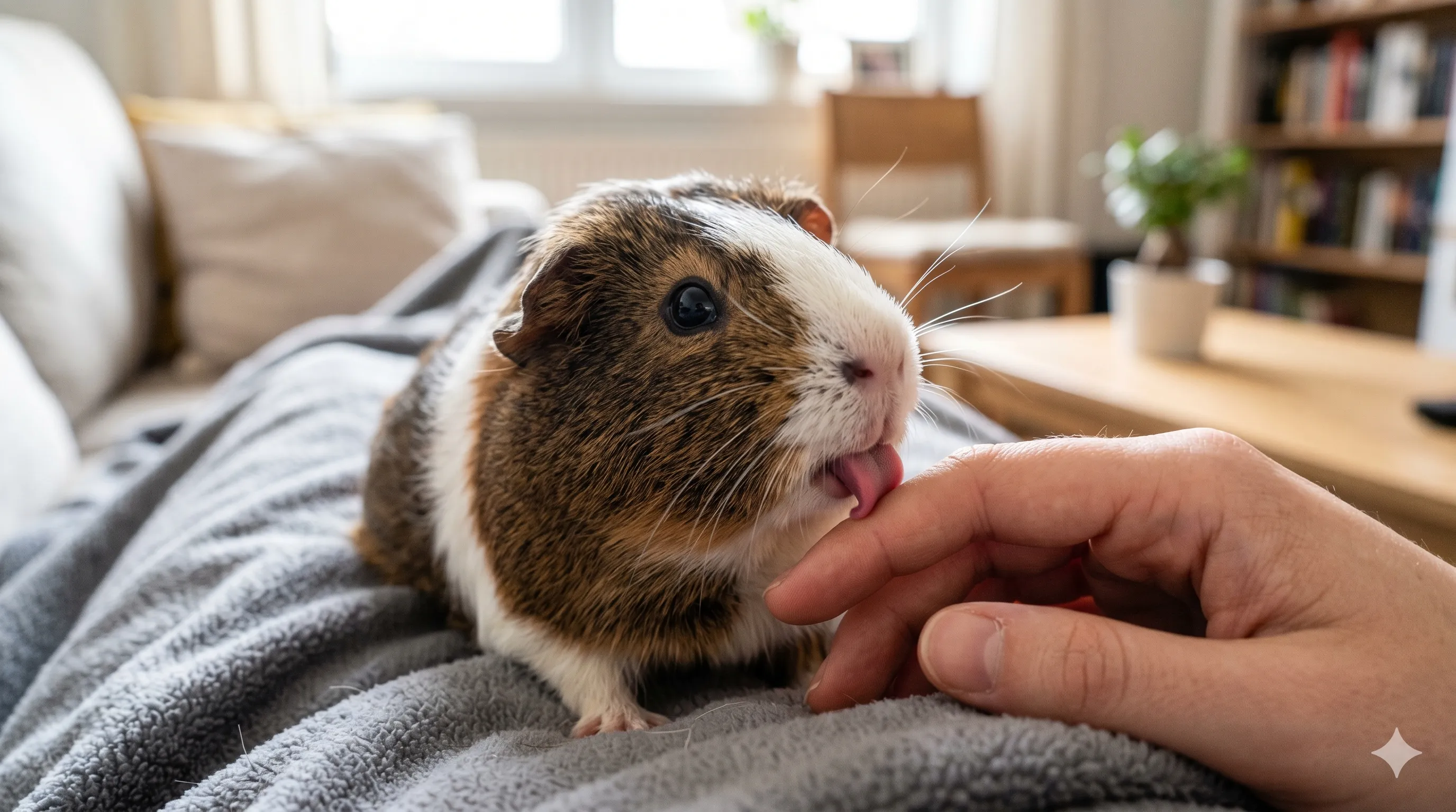 guinea-pig-licking-hand-closeup-image-1 Close-up of guinea pig licking human hand with curious and affectionate expression