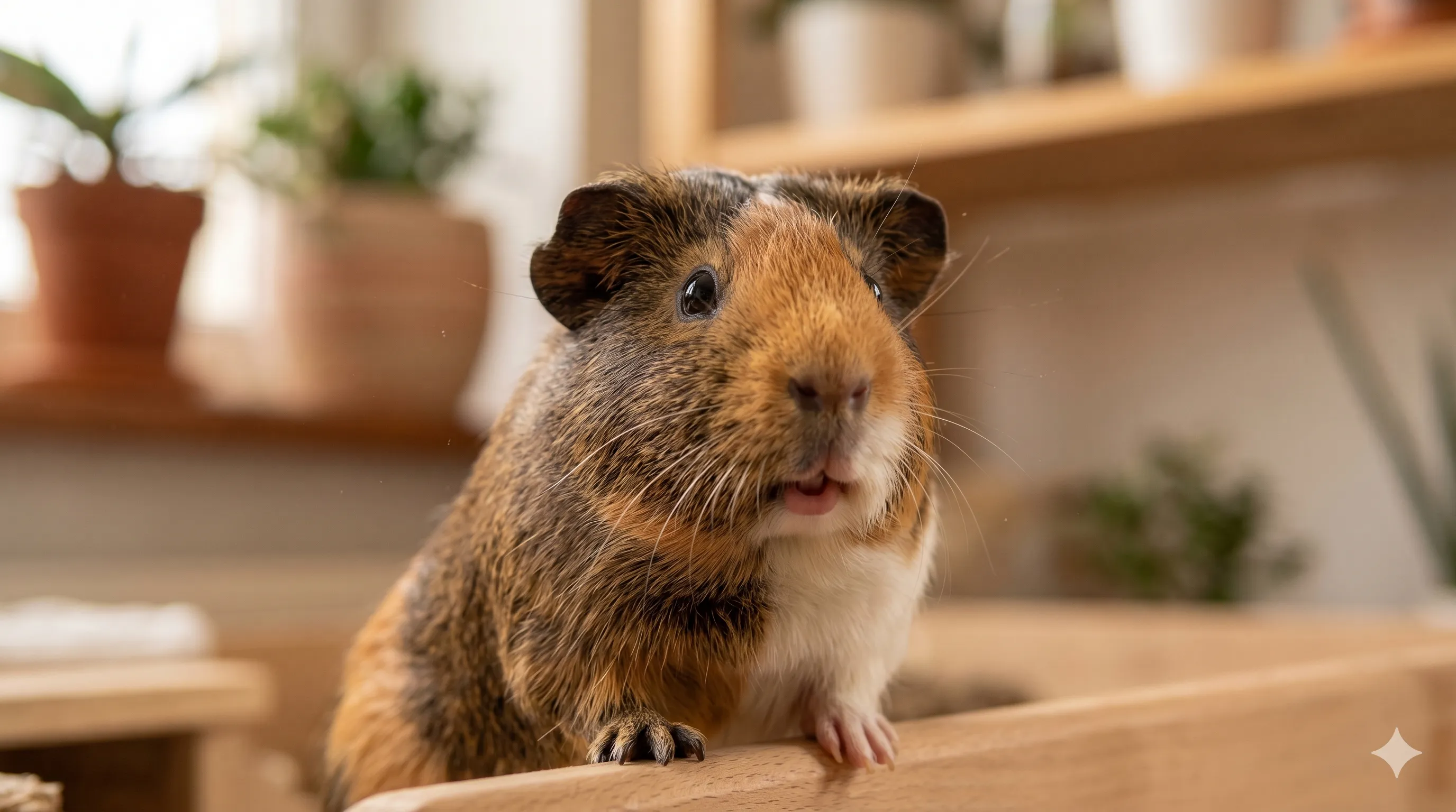 guinea-pig-making-chirping-sound-closeup-image-1 Close-up of guinea pig appearing to chirp with alert eyes and raised posture indoors