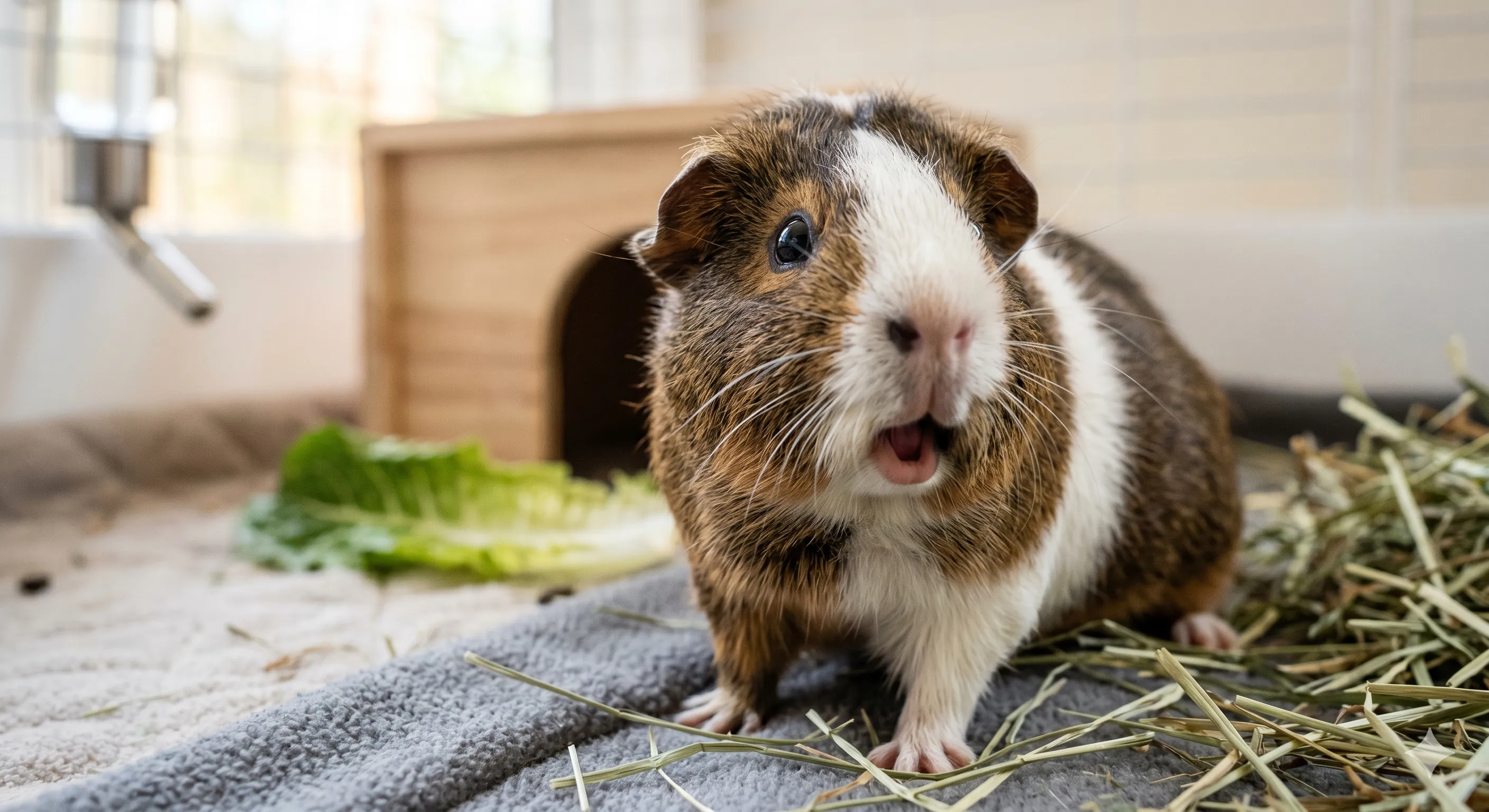 Close-up of guinea pig squeaking with alert expression and attention-seeking behavior indoors