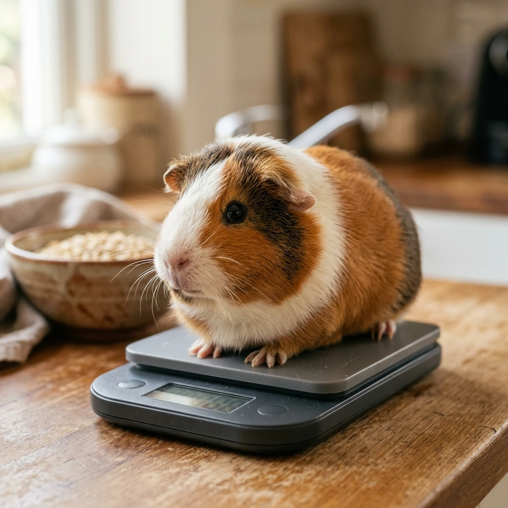 Guinea pig sitting calmly on a digital kitchen scale during a weekly weigh-in