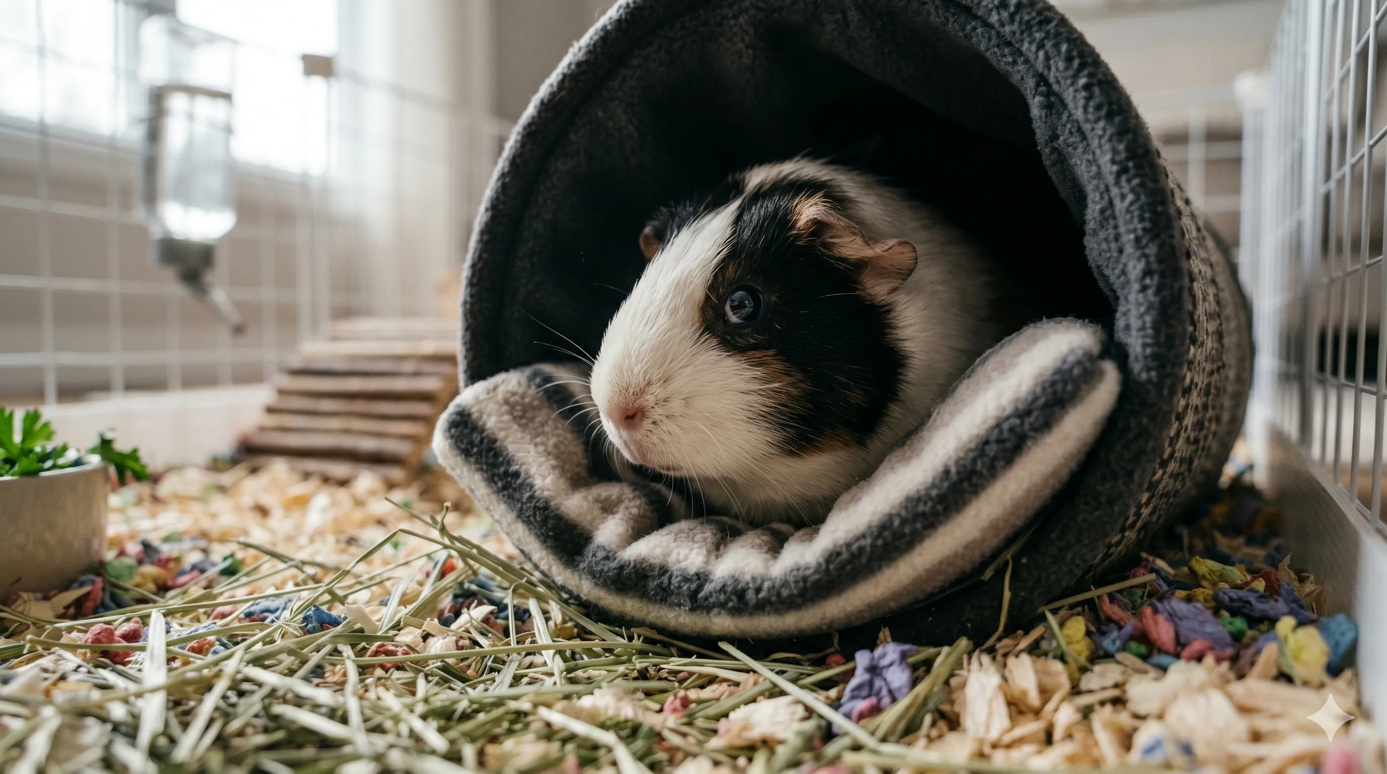 Close-up of guinea pig cautiously peeking out from hiding spot indoors