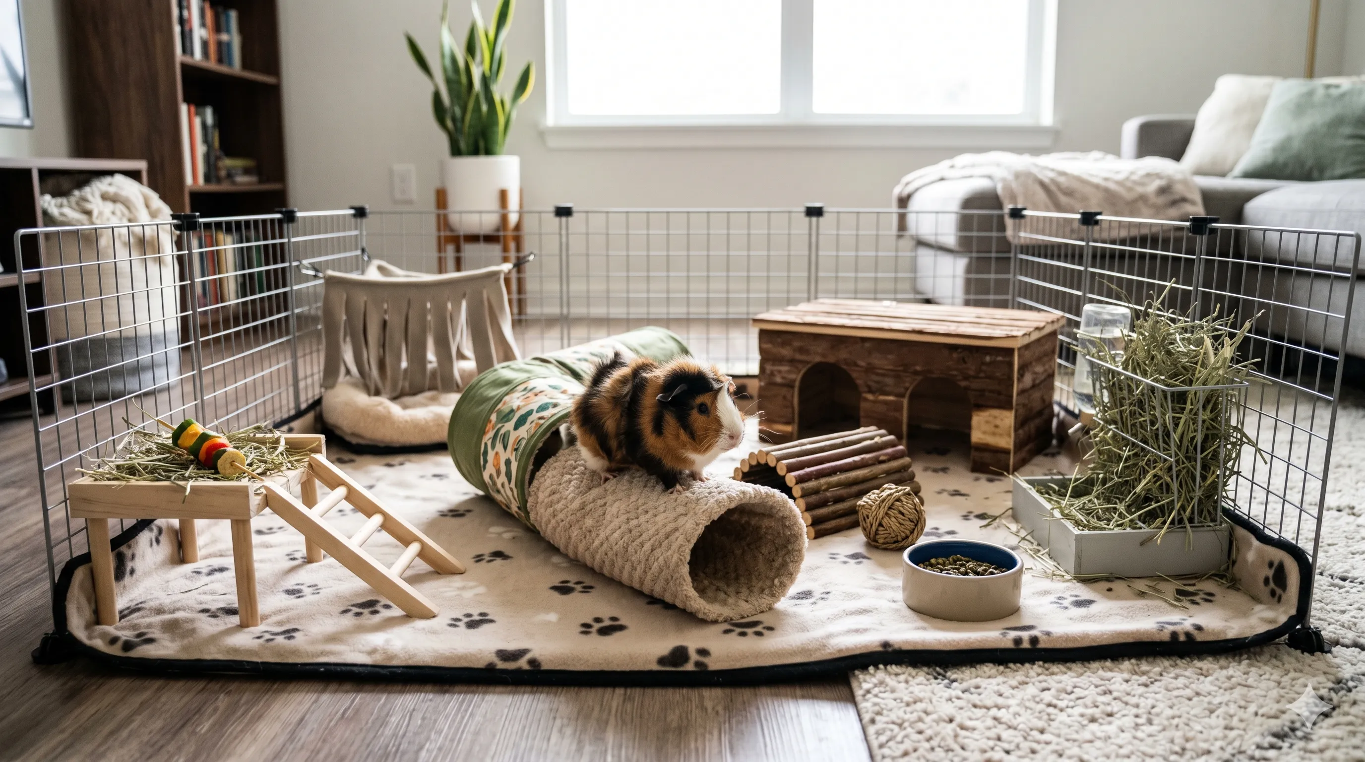 Guinea pig enjoying a safe indoor playpen with tunnels toys and exercise space