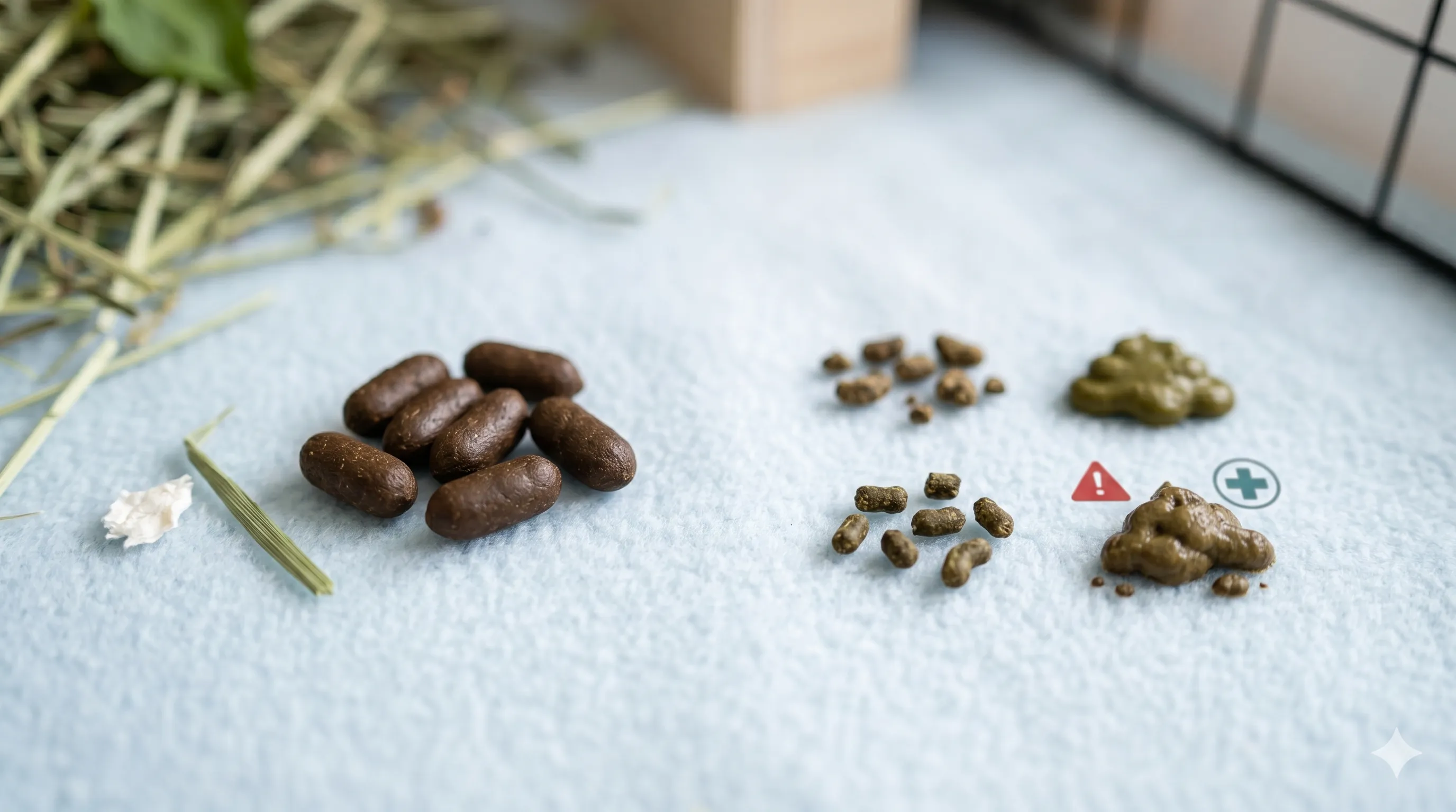Close-up showing healthy and unhealthy guinea pig poop differences in clean habitat
