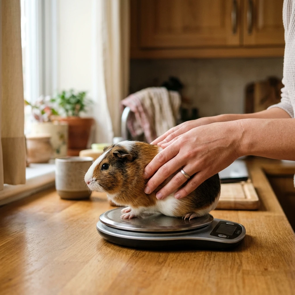 guinea-pig-pregnancy-weighed-on-scale.webp Owner weighing a guinea pig on a kitchen scale to track pregnancy weight gain
